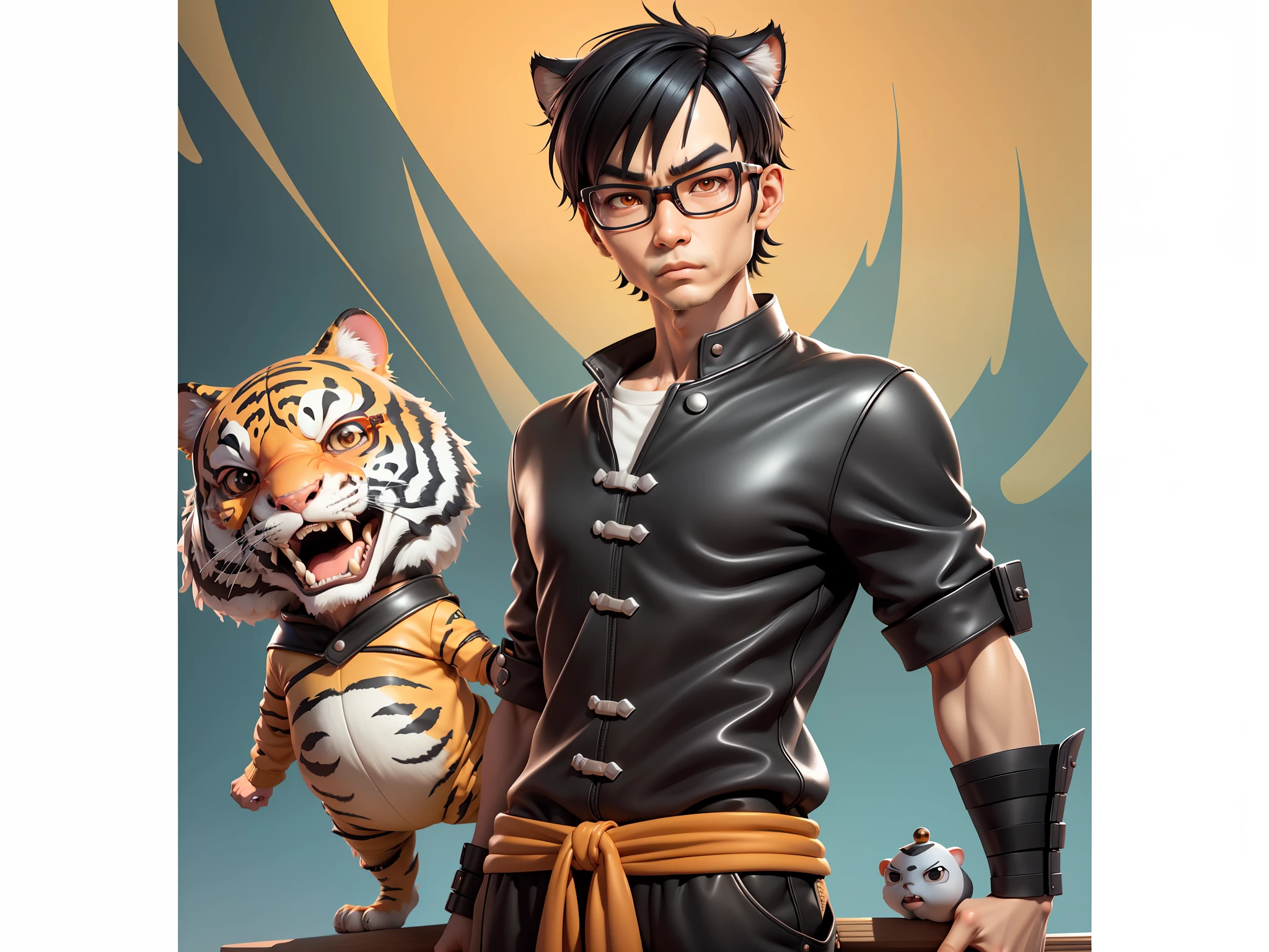Young man with oriental face wearing leather hat wearing tiger shirt Tang costume, short black hair, silver glasses, digital painting, 3D character design by Mark Clairedon and Pixar and Hayao Miyazaki and Akira Toriyama, the illustration is a high-definition illustration in 4K resolution with very detailed facial features and cartoon-style visuals.