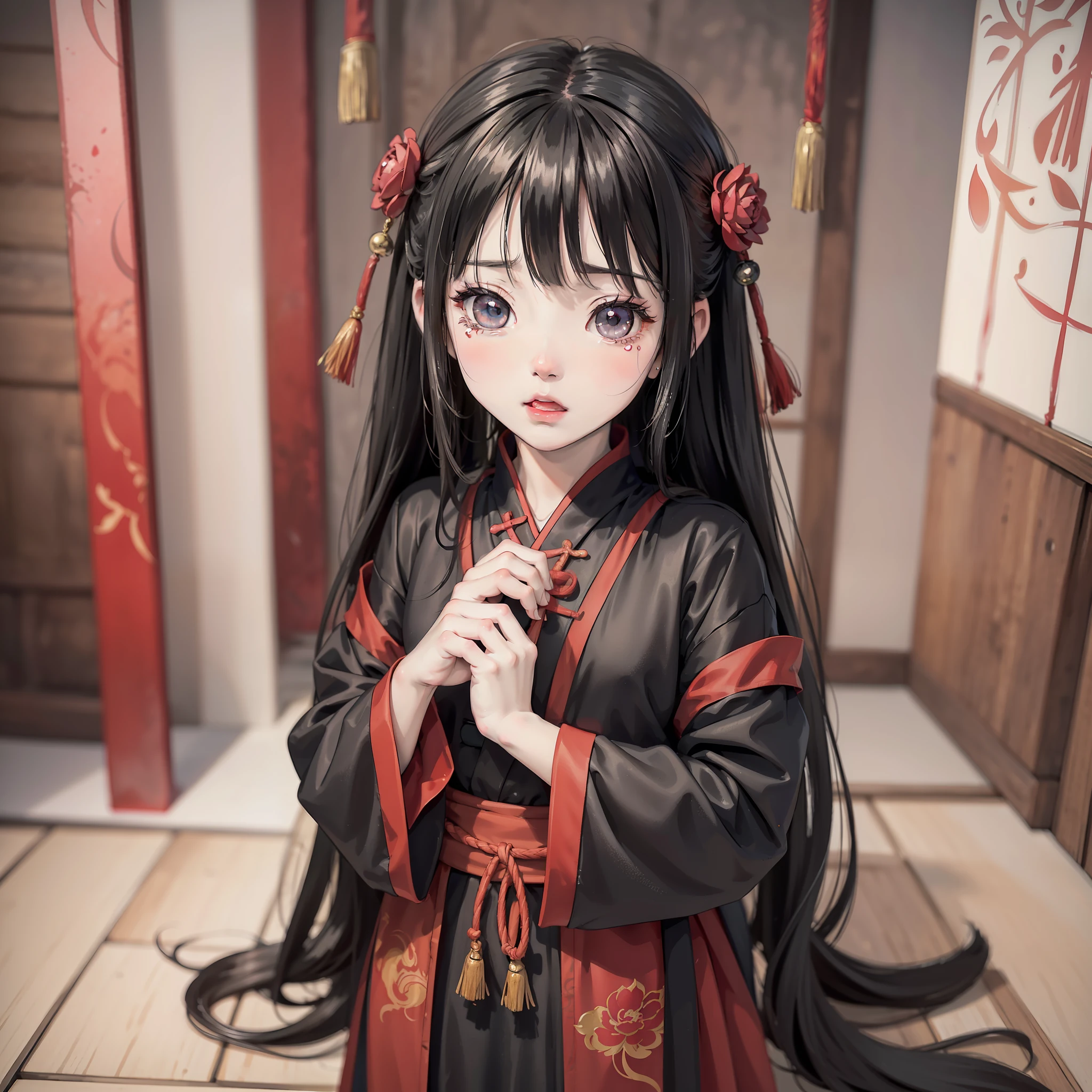 Anime girl around 10 yealong black hair and red Hanfu in ancient China, red flower 1.3 (crying expression 1.5) (tears 1.5) (open mouth 1.2) (background is an ancient Chinese room 1.5) anime style 4 K, anime rendering, Guvez style artwork, anime style. 8k, Guvitz, Beautiful Anime Girl, Beautiful Anime Face, Cute Anime Girl (Pure Big Eyes 1.5) (Upper Body Display 1.5) (Crystal Beautiful Eyes 1.5) (Poor Milk 1.3) (Baby Little Girl 1tic Lighting 1.5)