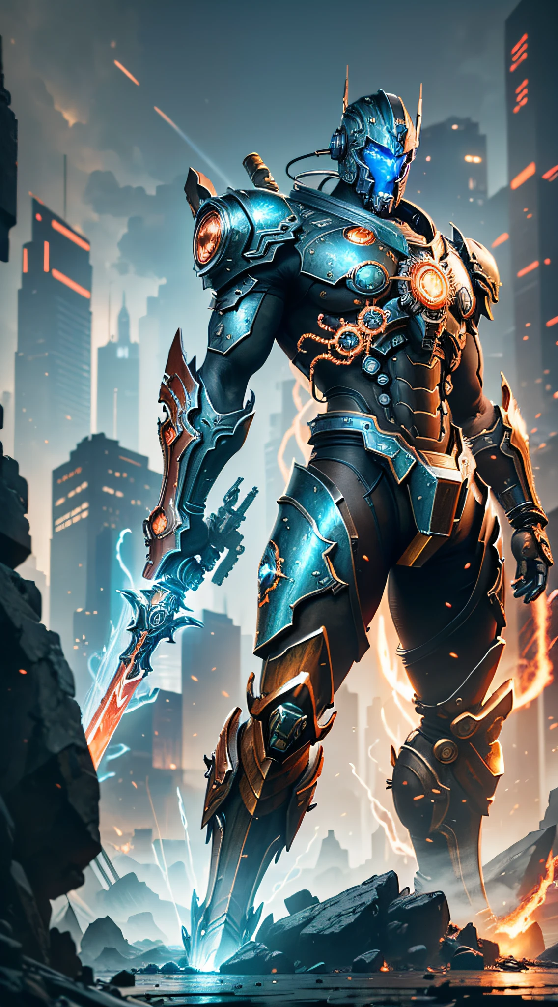 Steampunk style, cold colors, cinematic effects, futuristic sci-fi giant mecha God of War, holding red flame sword, flame sword particle light, flame sword particle special effects, aesthetic, scattered, battle posture, battle posture display, super detail, 8K, top painting, feature article, studio environment, concept art, epic composition, with HD details, metallic texture and tension composition, hyper-realistic, ultra-realistic, rich in detail, 3D. C4D,