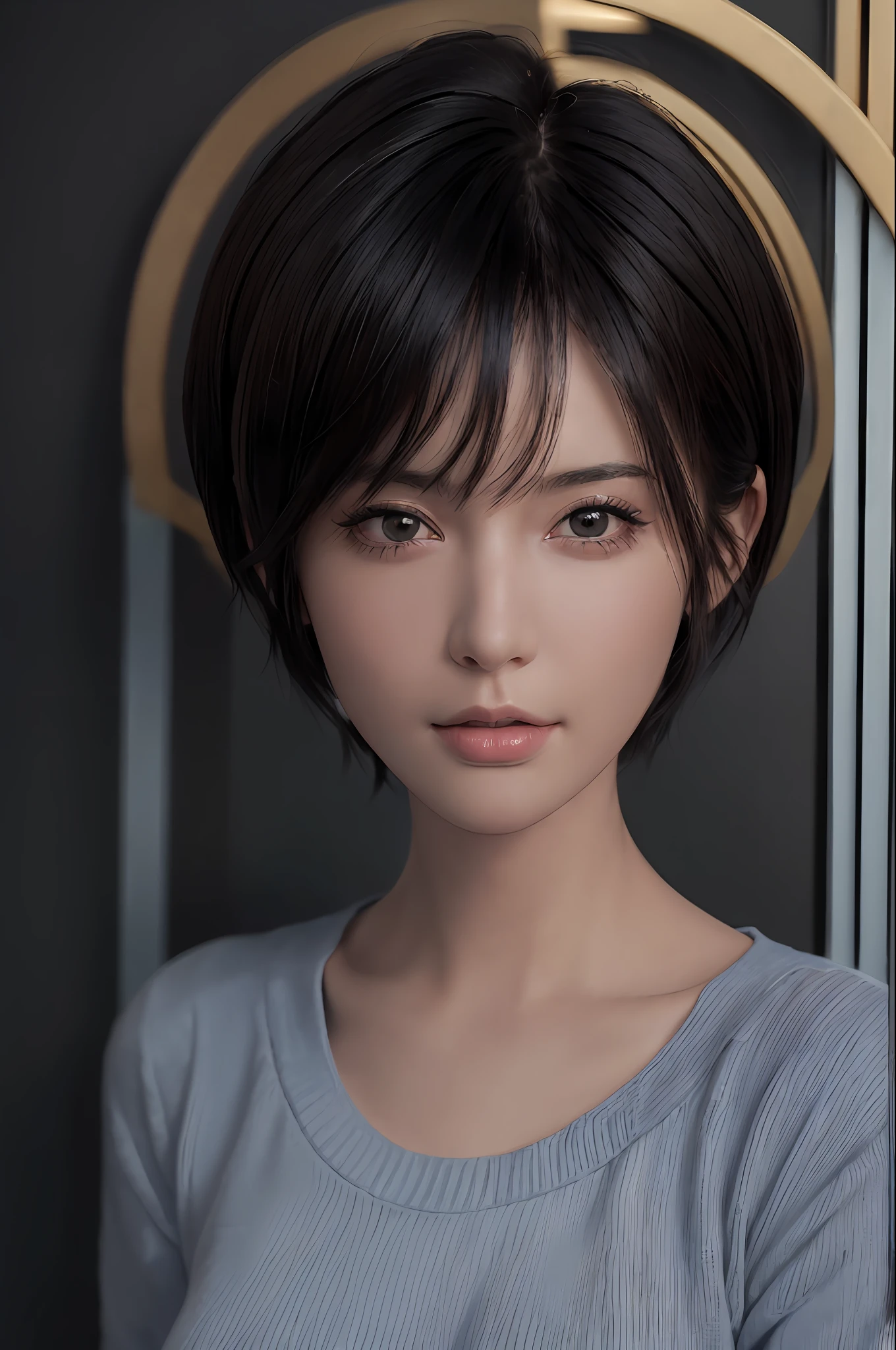 (masterpiece:1.3), (8k, photorealistic, RAW photo, best quality: 1.4), (1girl), beautiful face, (realistic face), (black hair, short hair:1.3), beautiful hairstyle, realistic eyes, beautiful detailed eyes, (realistic skin), beautiful skin, (sweater), absurdres, attractive, ultra high res, ultra realistic, highly detailed, golden ratio