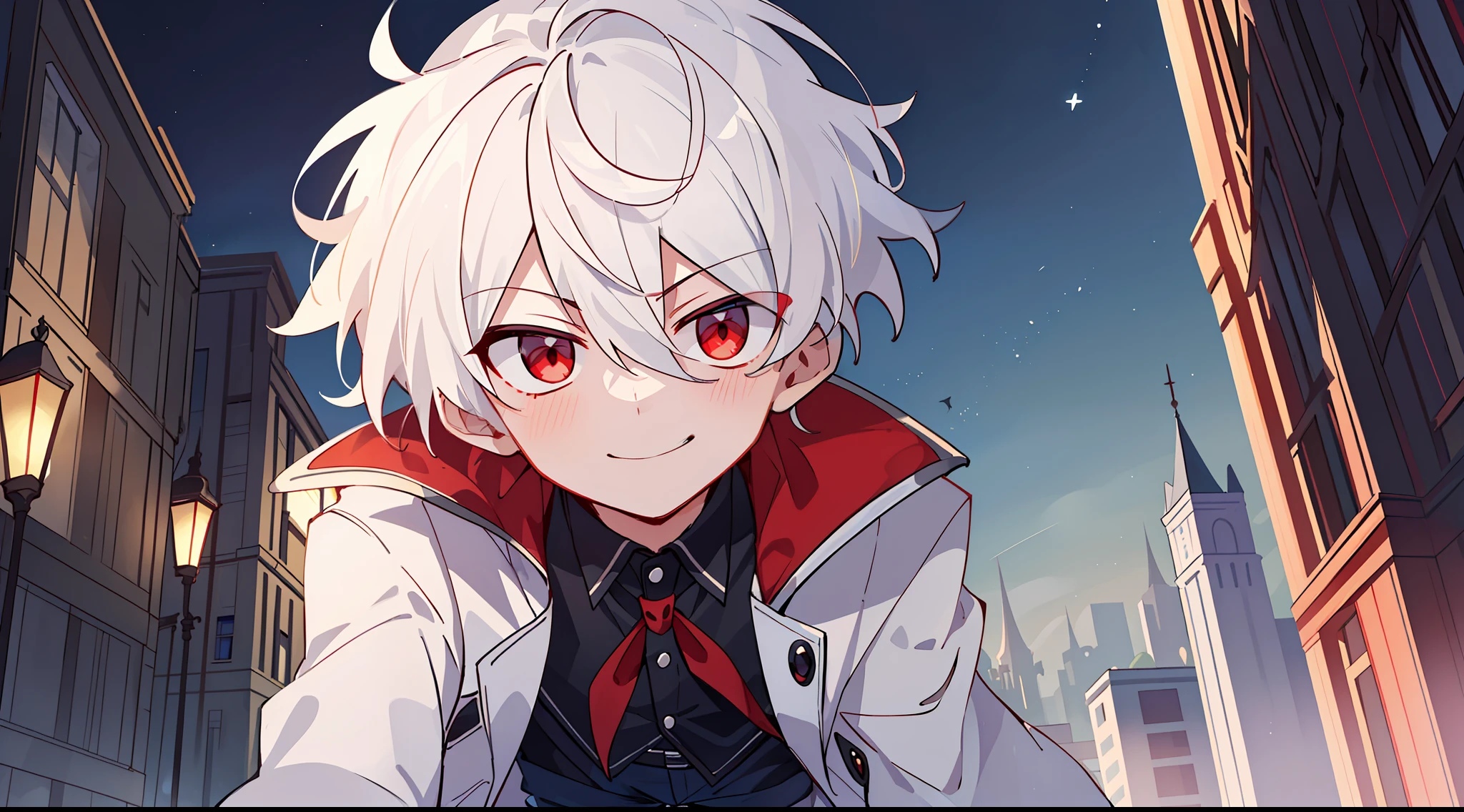 ((masterpiece)),(((best quality))), (high-quality, breathtaking), (expressive eyes, perfect face), 1boy, solo, male, short, young, boy, short white hair, red eyes, on top of building, night sky, dark, buildings, phantom thief, wear short shorts, smirk