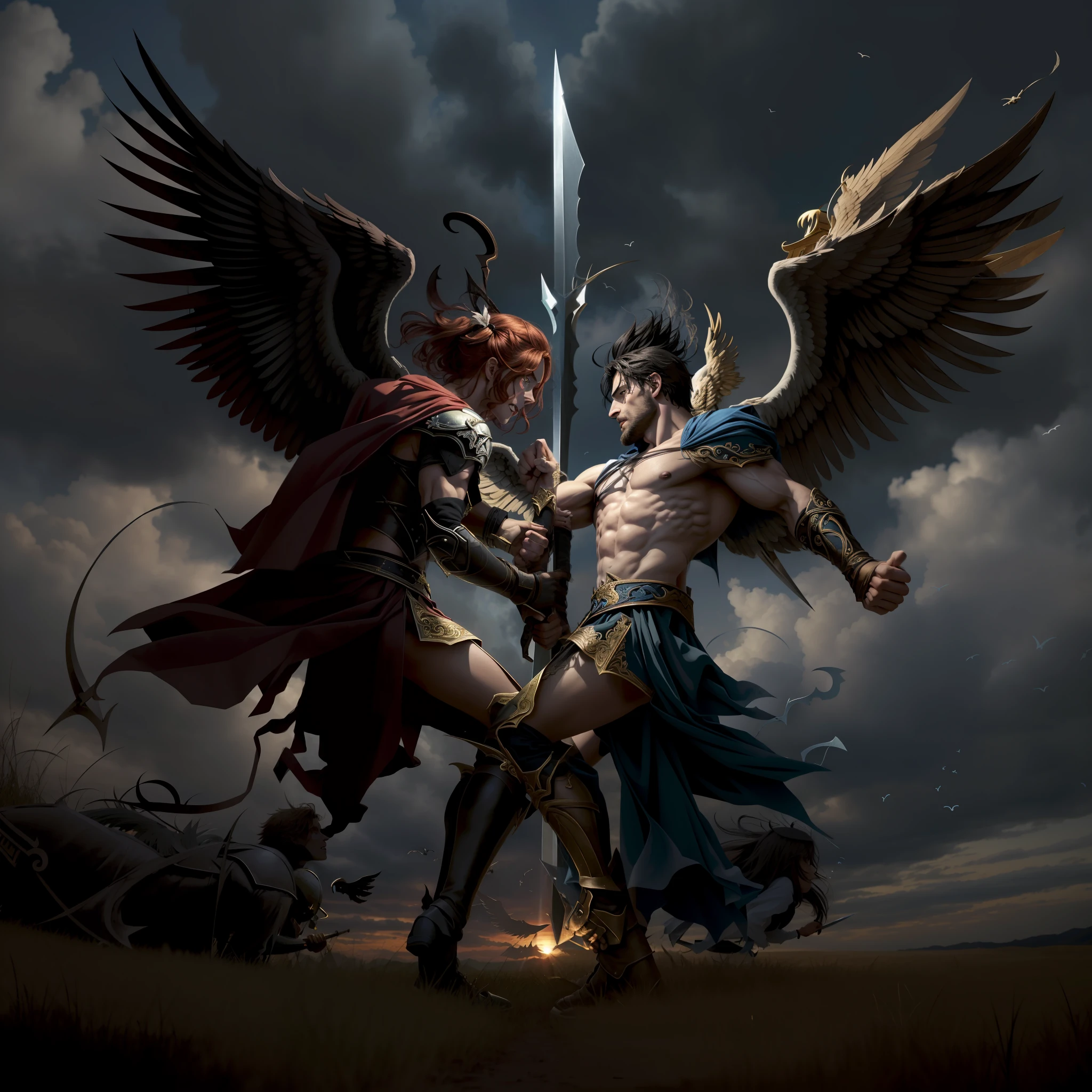 two angels fighting over a sword in a dark sky, battle between good and evil, angels vs demons, battle between angels and demons, angel versus devil, good vs evil, eros and thanatos, devil versus angel, good and evil, good versus evil, beautiful gemini good and evil, angels and demons, angel watching demon, battle of good versus evil, heaven vs hell