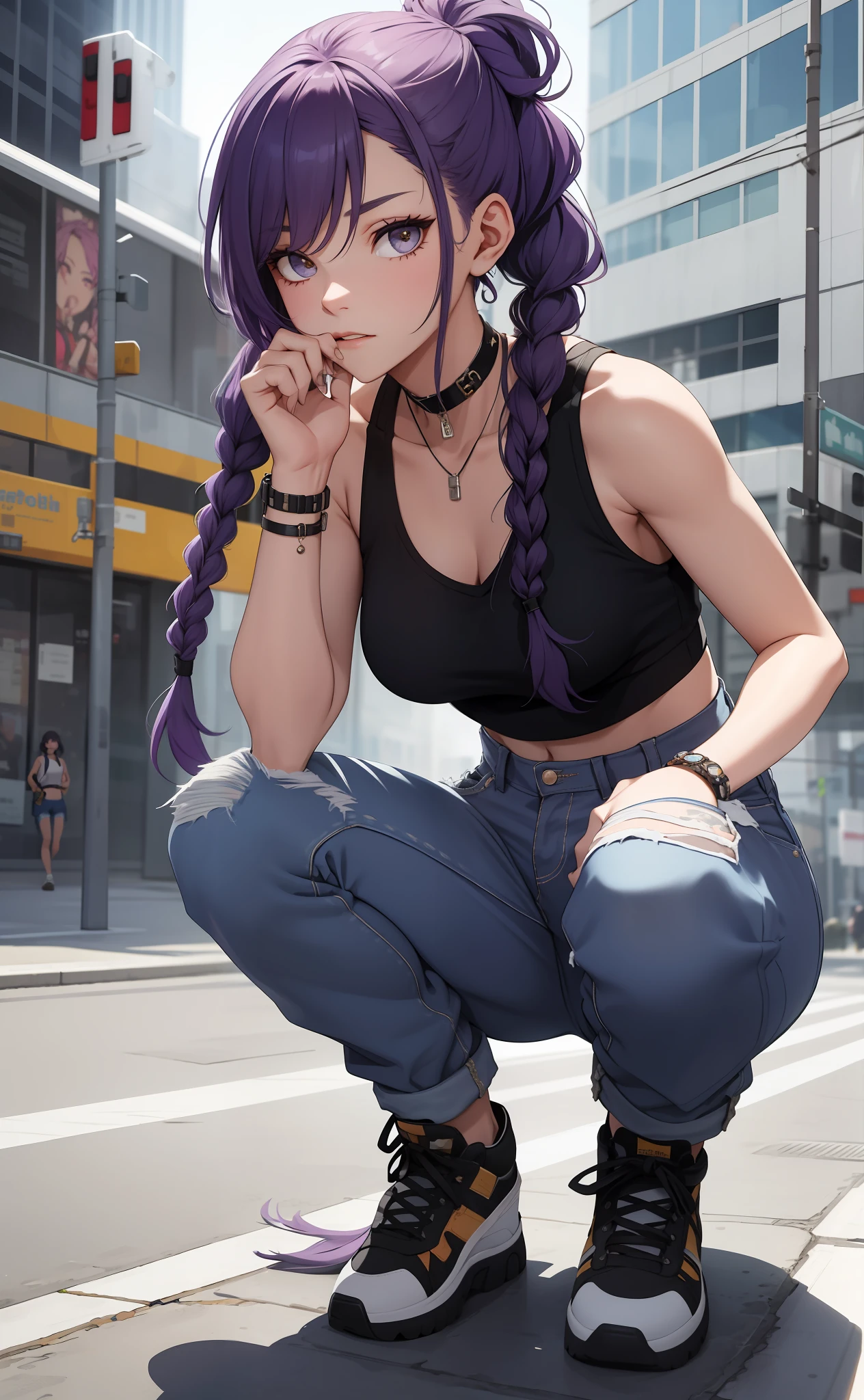 Best quality, masterpiece, beautiful cool edgy girl, wearing a sleeveless cropped top, lavender long braided hair, choker, baggy jeans, squatting on the ground