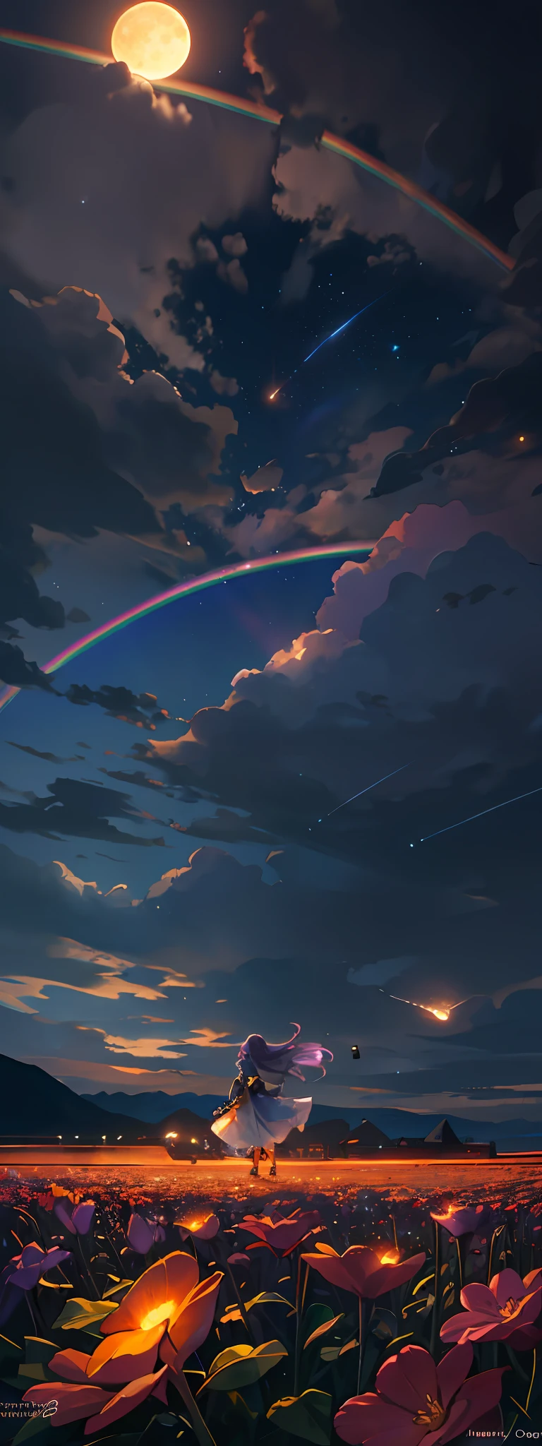 Vast landscape photo, (viewed from below, the sky is above and the open field is below), a girl standing on a flower field looking up, (full moon: 1.2), (meteor: 0.9), (nebula: 1.3), distant mountains , Trees BREAK Crafting Art, (Warm Light: 1.2), (Fireflies: 1.2), Lights, Lots of Purple and Orange, Intricate Details, Volumetric Lighting, Realism BREAK (Masterpiece: 1.2), (Best Quality), 4k, Ultra-Detailed, (Dynamic Composition: 1.4), Very Detailed, Colorful Details, (Rainbow Colors: 1.2), (Glow Lighting, Atmospheric Lighting), Dreamy, Magical, (Solo: 1.2)