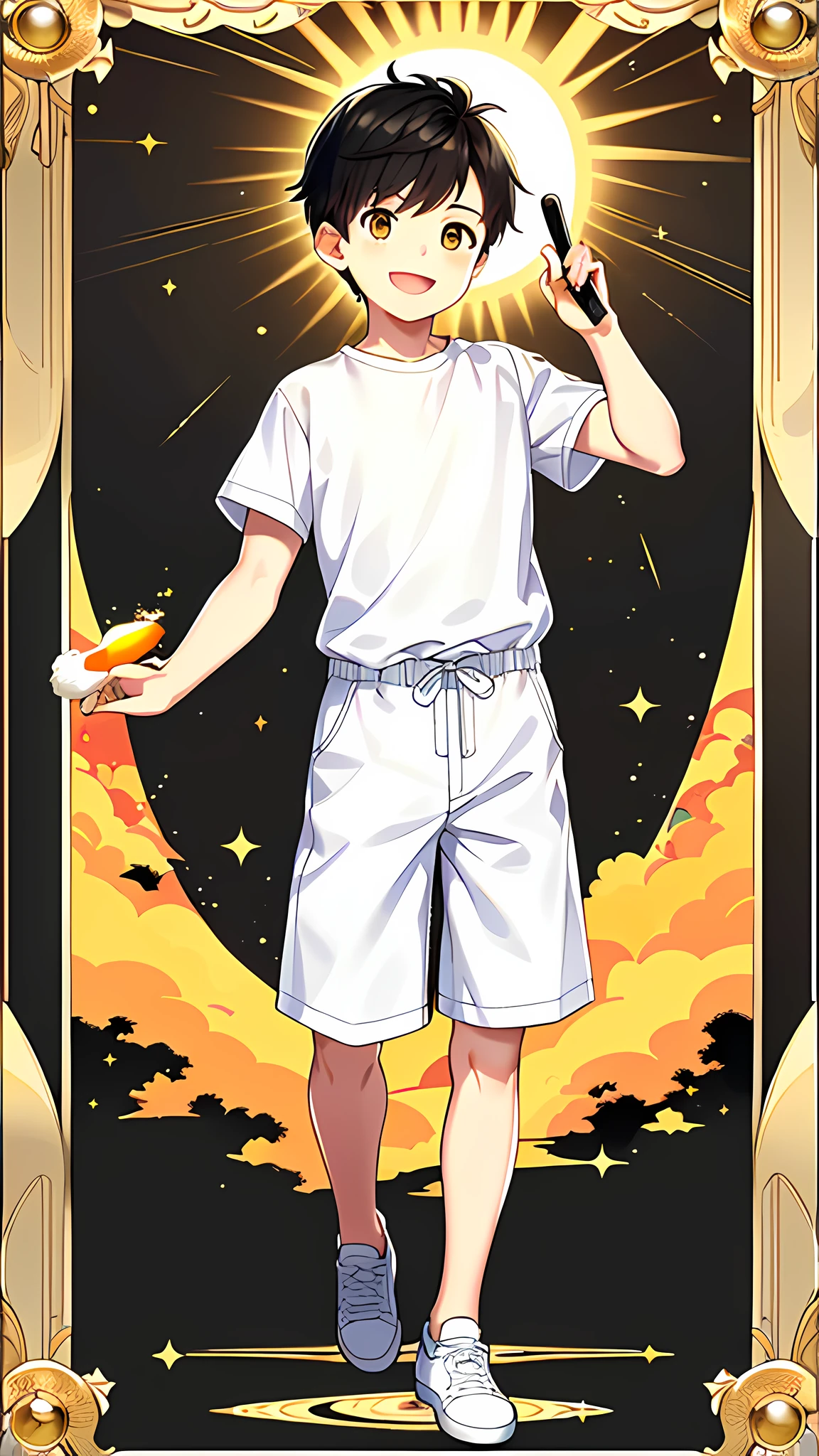 masterpiece, best quality, full body, card, 1 boy, the sun, happy, kind, freedom, short hair, black hair, brush cut, undercut, white shirt, standing, white, orange, magic, yellow, boy, 