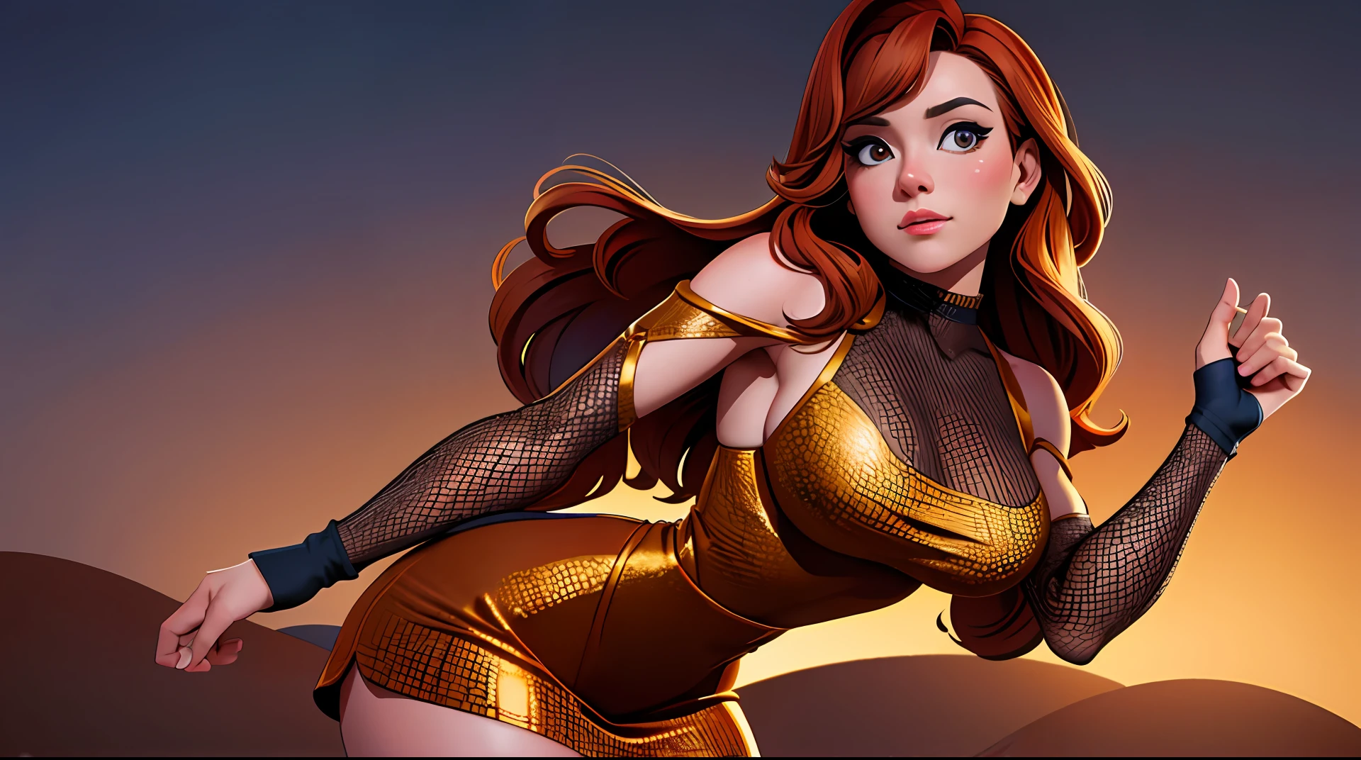 8K, (best quality:1.3), (masterpiece:1.3), (detailed:1.2), distinct image, (Cowboy shot), BREAK Solo, looking at viewer, Voluptuous body, Layered Cut Golden Auburn hairs, Mahogany eyes, Mesh Sleeve Bodycon Dress natural volumetric lighting, Artistic Background