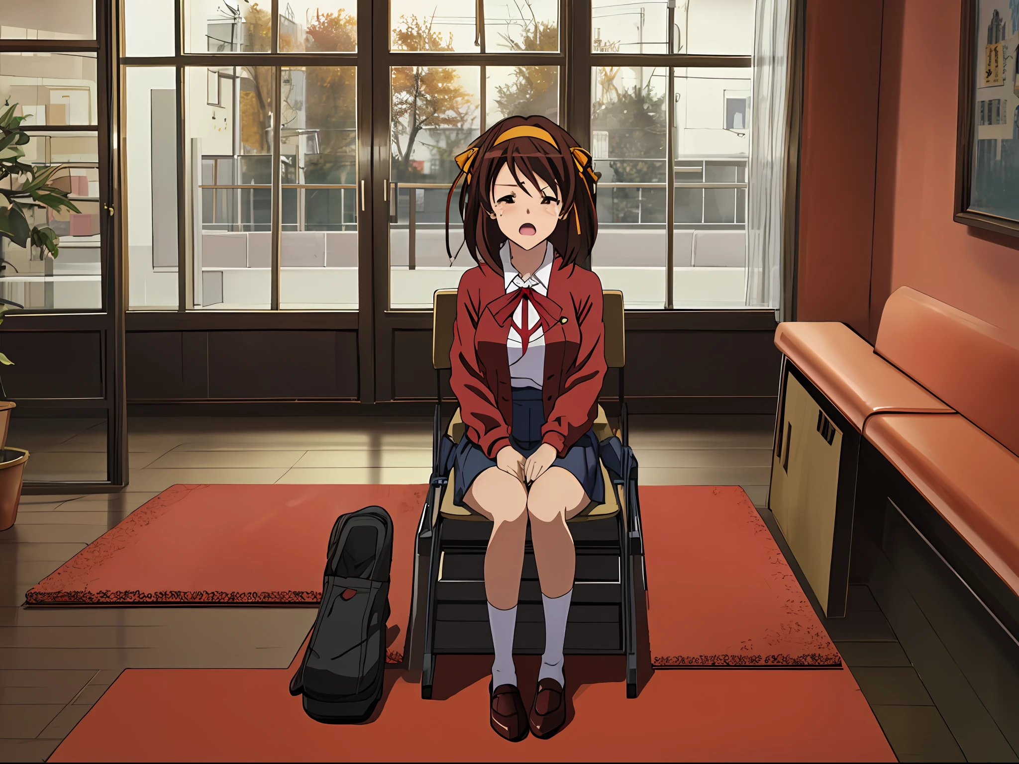 masterpiece, best quality, high definition, 1girl, solo, superhero, shirt, red shirt, black tie, red shirt with black tie, stockings, brown hair, short hair, brown eyes, hair headband, medium hair, ribbon, shoes, matching shoes, medium chest, sitting, crying, tears, tears, screaming, sad, suffering, in the room, Haruhi Suzumiya, Kyoi Haruhi style, autumn, winter, cloudy,