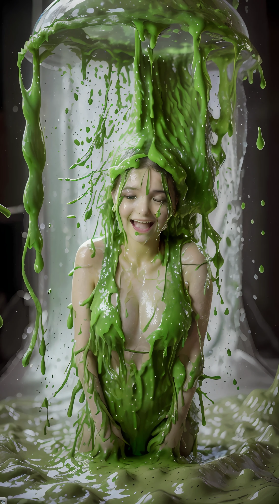 ((Best quality, 8k, Masterpiece: 1.3)), Sharp focus: 1.2, A beautiful woman with perfect body: 1.4, Slim abdomen: 1.2, ((Layered haircut, Large breasts: 1.2)), (no bra) (Small), sad face, slime bucket above her head, ((Green slime falling down)) high quality, best quality, masterpiece, 1girl, humiliated, long hair, stage, Tv game show, attractive brunette, slimed woman, ((green slime falling on her hair and face)), woman standing in a glass tank, laughing crowd, shallow depth of field, large audience, Slimed, woman, shocked, photorealistic, full length, bright studio, crowd behind