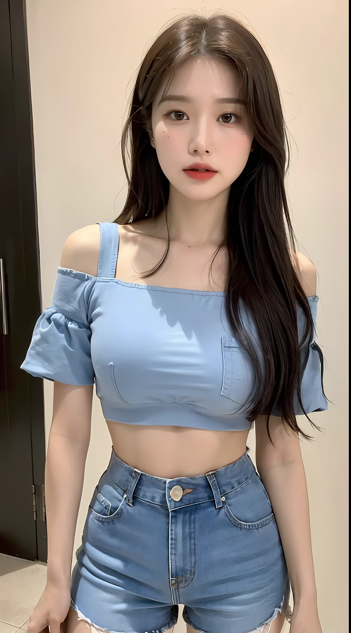 ((Best Quality, 8K, Masterpiece: 1.3)), Focus: 1.2, Perfect Body Beauty: 1.4, Buttocks: 1.2, (Layered Haircut: 1.2)), , (Ranch: 1.3), Highly Detailed Face and Skin Texture, Full Body, Fine Eyes, Double Eyelids, Whitened Skin, Long Hair, (Round Face: 1.5), (Loose Crop Top, Shorts: 1.6)