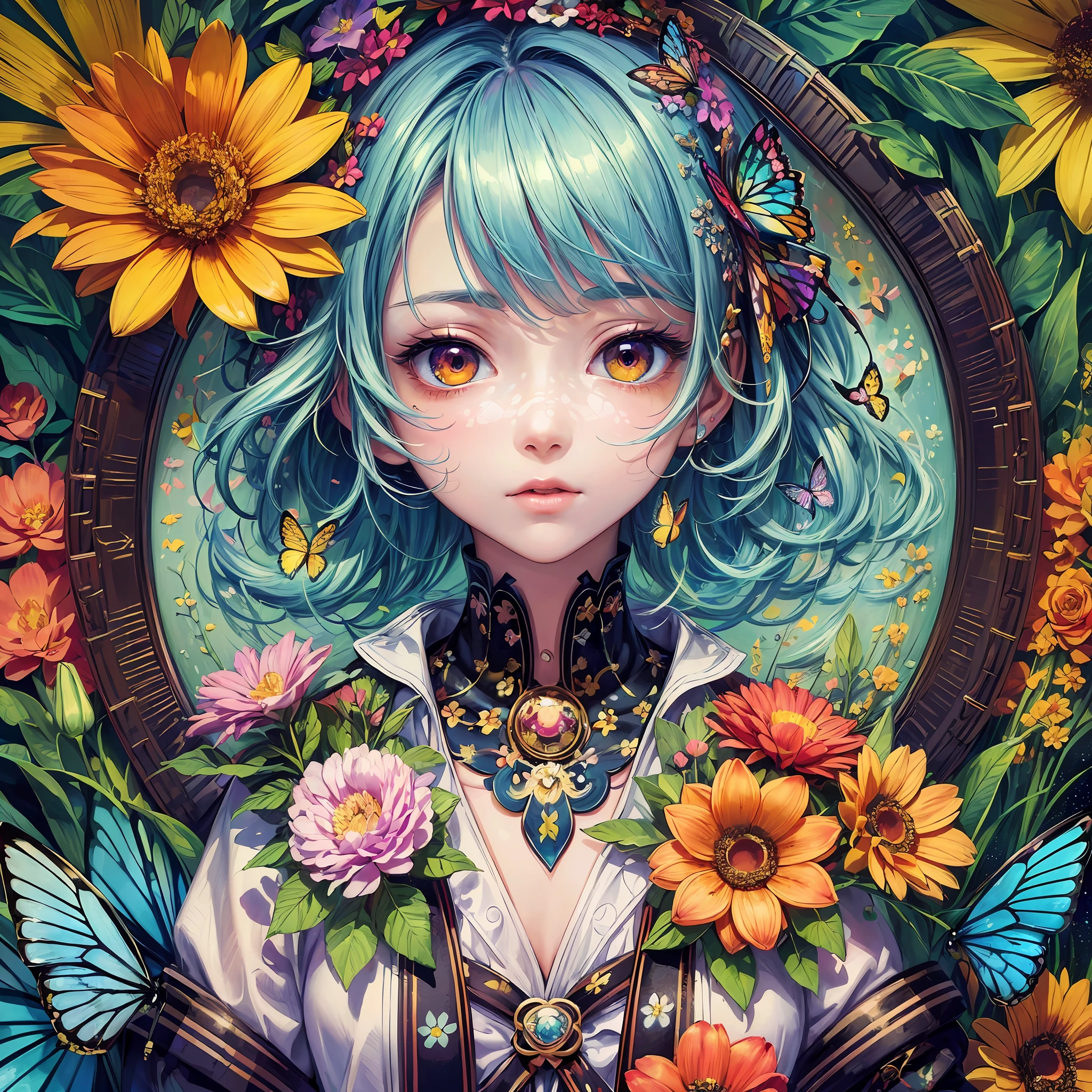 (masterpiece:1.1), (highest quality:1.1), (HDR:1.0), ambient light, ultra-high quality,( ultra detailed original illustration), (1girl, upper body), ((harajuku fashion)), ((flowers with human eyes, flower eyes)), double exposure, fusion of fluid abstract art, glitch, (original illustration composition), (fusion of limited color, maximalism artstyle, geometric artstyle, butterflies, junk art)