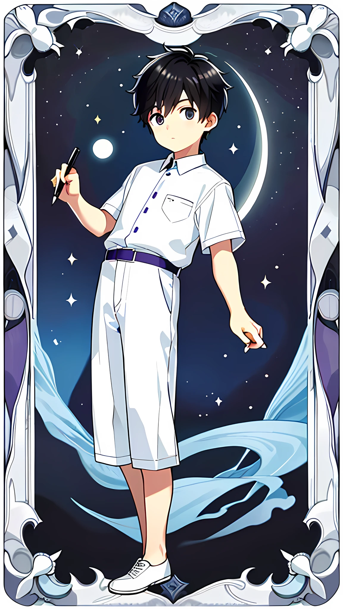 masterpiece, best quality, full body, card, 1 boy, the moon, calm, wisdom, clever, short hair, black hair, brush cut, white shirt, standing, white, blue, black, purple, book, pen, boy, child