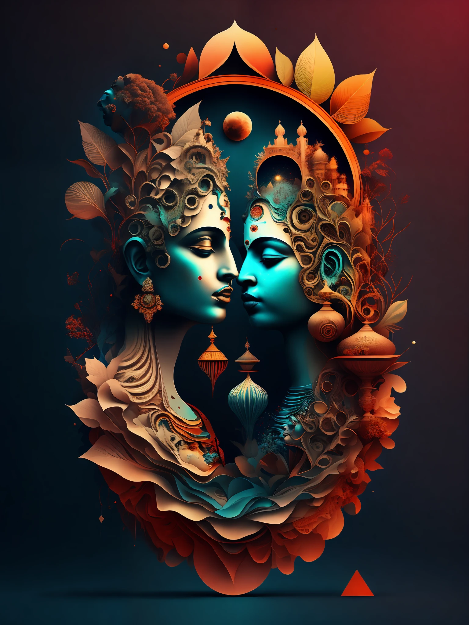 a stylized image of a Radha and Krishna with a lot of different things in it