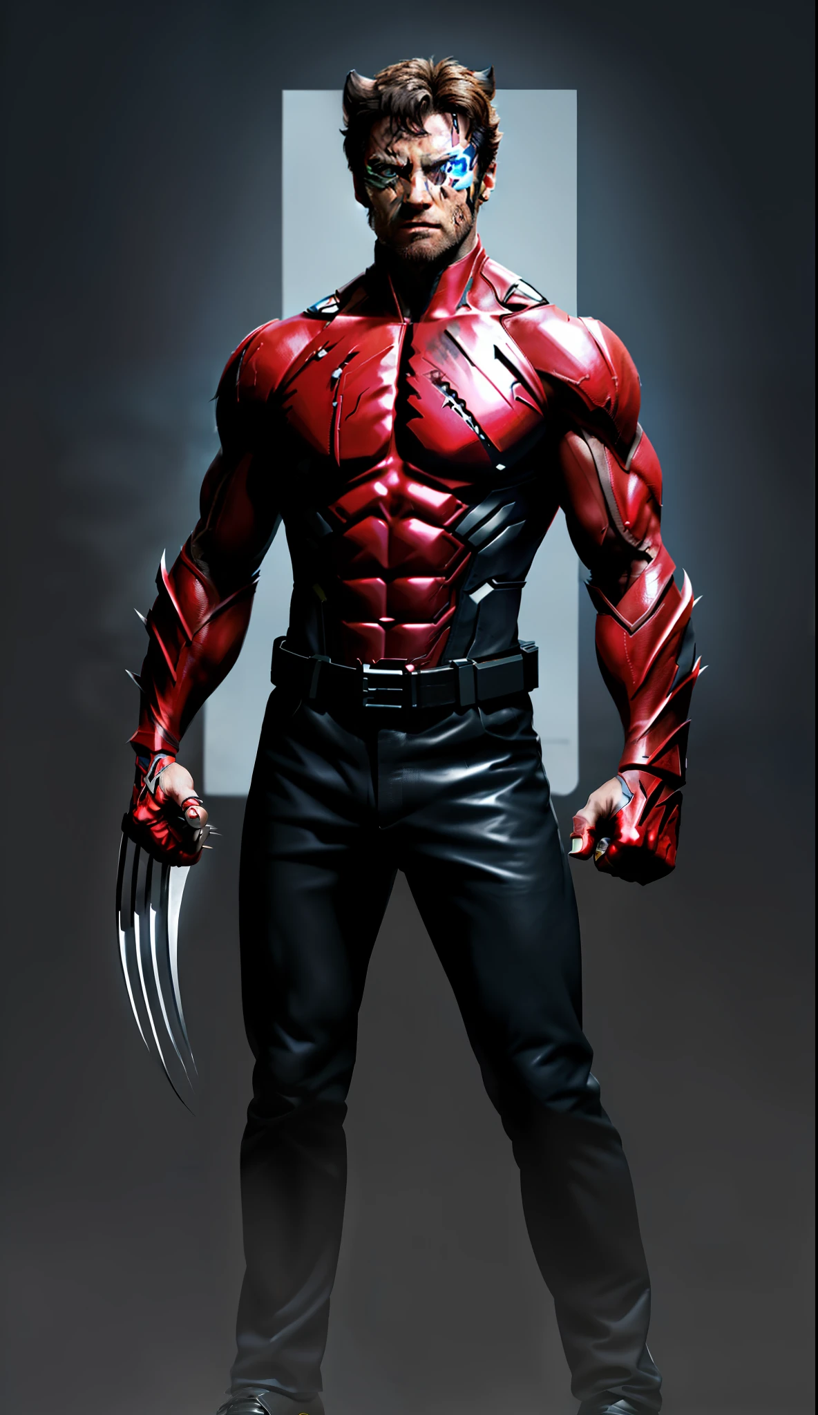 Portrait of wolverine as terminator, 1man, scary aura, alternate costume, full body, handsome, claws, Hugh Jackman ultra HD 8K