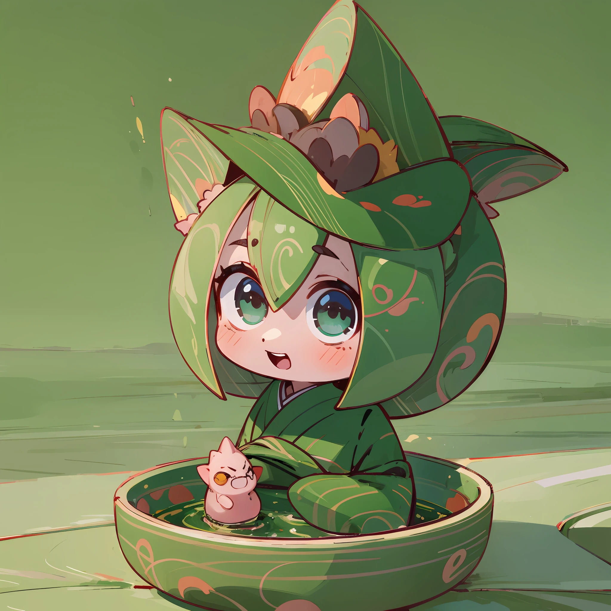 (a small doll with a green triangular hat), (sitting inside a large bowl), cute 3 d render, cute detailed digital art, cute digital art, cute cartoon character, adorable digital painting, cute! c4d, cute character, pop japonisme 3D, (white background), ultra detailed, by Yu Zhiding, 3d model of a japanese mascot, nendoroid 3d, cute forest creature