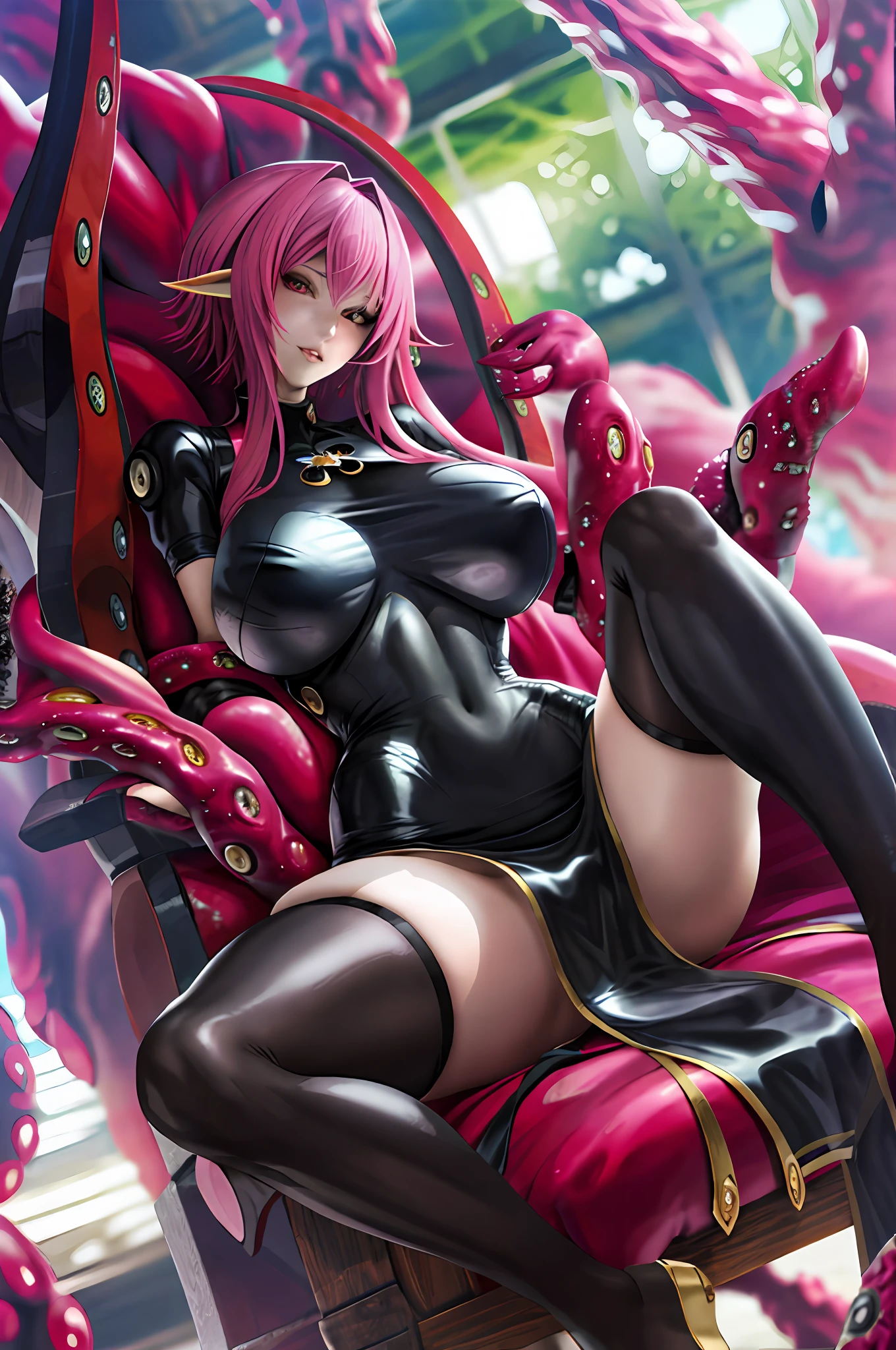 anime girl sitting on a giant octopus like chair with her legs crossed, fine details. anime. tentacles, tentacles around, some tentacles are touching her, covered with tentacles, extremely detailed artgerm, seductive anime girl, succubus in tight short dress, wrapped in black tentacles, beautiful succubus, gigantic oily tentacles and eyes