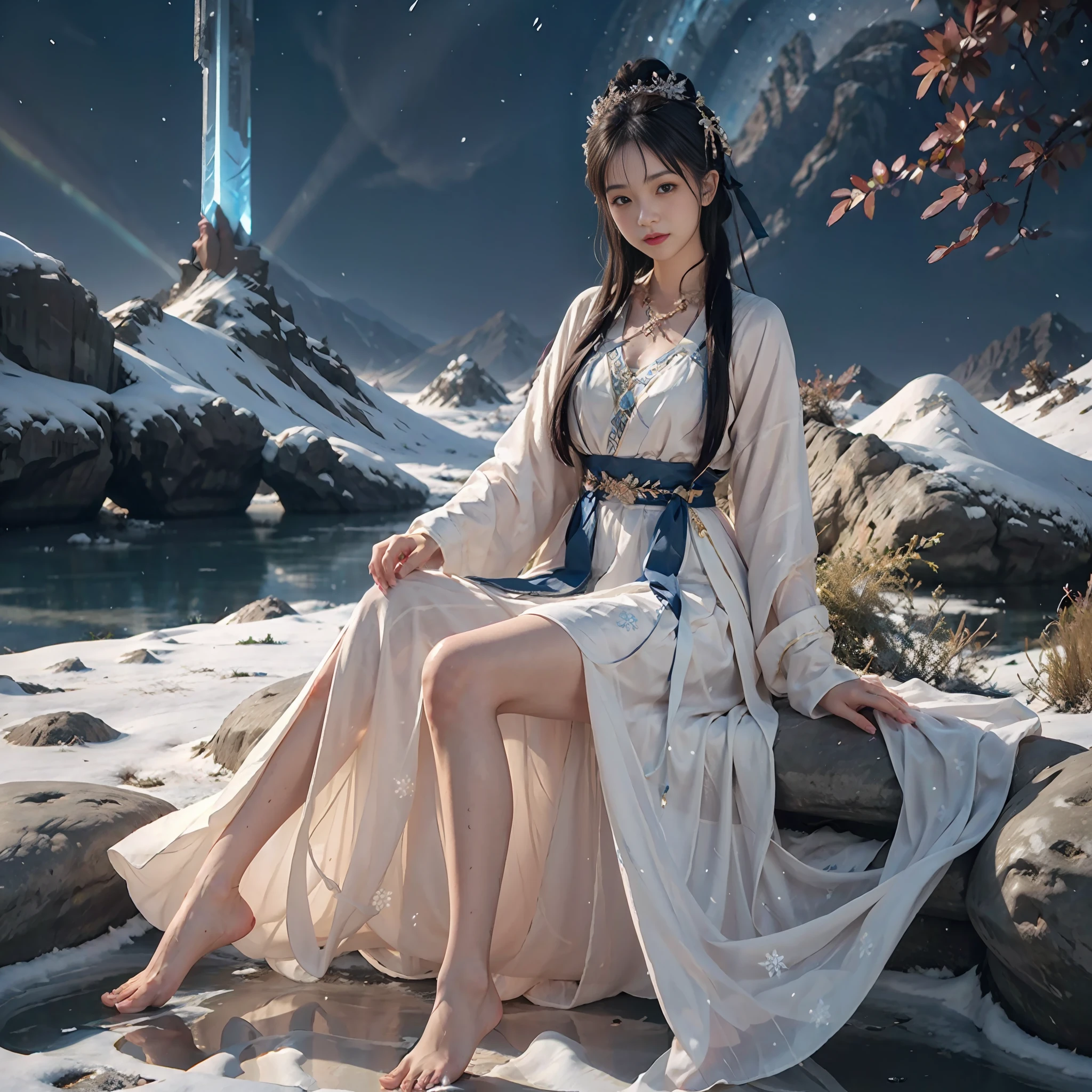 Vast landscape photo, above is the sky in the middle is the snow mountain below, a girl standing on the snow looking up, exquisite background, winter, snow mountain, BREAK making art, (cold light source: 1.2), intricate details, volumetric lighting BREAK (Masterpiece: 1.2), (Best Quality), 4k, Ultra Detailed, (Dynamic Composition: 1.4), Rich Detail, (Solo: 1.2), Blush, Extra Lots of Details, Delicate Hair, Messy Hair, Smile, Hanfu, Slip Dress, Perfect Hand, Right Hand, Sapphire Pendant, Blue Pupil, Ice Mage, Snowscape, Snow, Snowflake, Glacier, Arctic, Blue Crystal, Lots of Blue White, Dreamy, Mythical, Perfect Cloud, Legs Exposed, Bare Feet, Thighs Exposed,