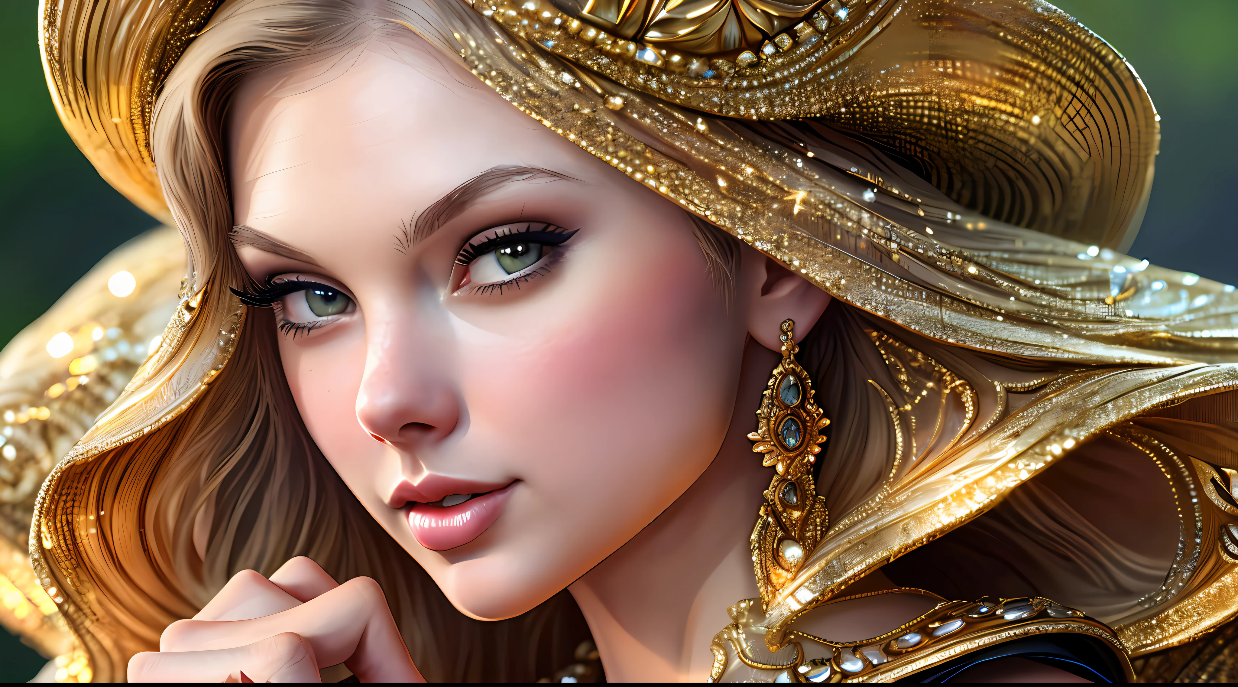 Taylor Swift's high quality photograph (super detailed face and body, perfect anatomy, ultra detailed skin, super realistic detailed eyes, perfect lips, detailed) a beautiful Persian warrior wearing golden couture posing for haute couture perfect details, intricate, super detailed, super realistic, 12K, hyper detailed skin, detailed eyes, very high resolution, she is distinct and regal, she commands the photograph with her expression and clothing,  the fabrics are premium and beautiful, she is confident and strong, the hands are face is realistic, she is serving face, the image is inspiring to women, beautiful artistic talent, the photography is intrusive, photographic moneyshot, taken with Canon EOS R5, 24 – 70mm f/2. 8 lens, perfect anatomy, hands with 4 fingers and 1 thumb, rendered in 8K resolution for high quality detail, 8K image quality, 8K high resolution image, hyper detailed, super realistic, intricate details