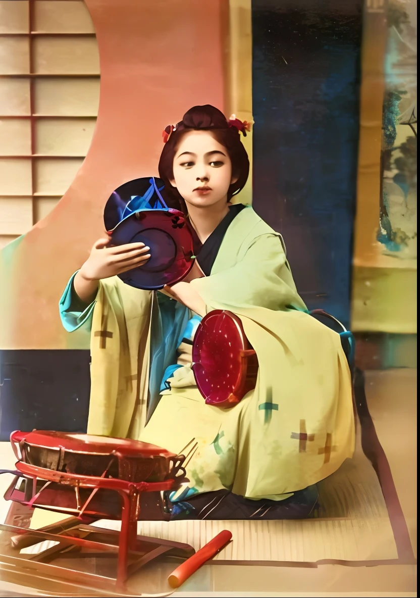 arafed woman in a kimono sitting on the floor with a fan, 1920s geisha, japanese woman, skilled geisha of the japanese, by Tosa Mitsunobu, traditional japanese, japanese geisha, traditional geisha clothing, late meiji period, by Sawa Sekkyō, vintage color photo