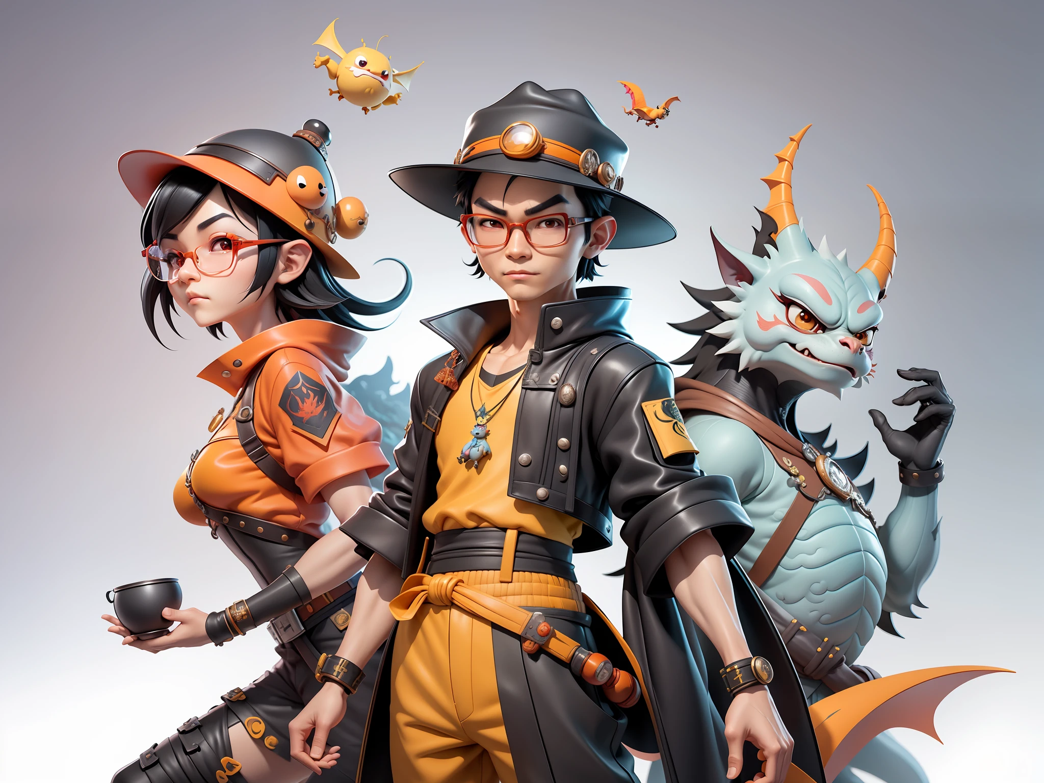 Young man with oriental face wearing leather hat wearing dragon shirt Tang costume, short black hair, silver glasses, digital painting, 3D character design by Mark Clairedon and Pixar and Hayao Miyazaki and Akira Toriyama, the illustration is a high-definition illustration in 4K resolution with very detailed facial features and cartoon-style visuals.