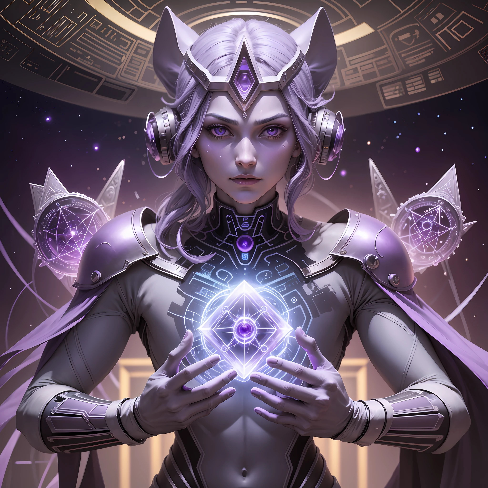Violet Alien:
Create a scene that depicts a scientist alien with violet skin and piercing eyes. He wears a futuristic silver costume. This alien is known for his wisdom and acumen, using sacred geometry as a tool to unlock the secrets of human DNA, revealing deeper cosmic connections. He is inside a laboratory inside a ship, colors in the color of the ambient aura, biological forms of the intelligent ship, holograms in the form of sacred geometry --auto --s2