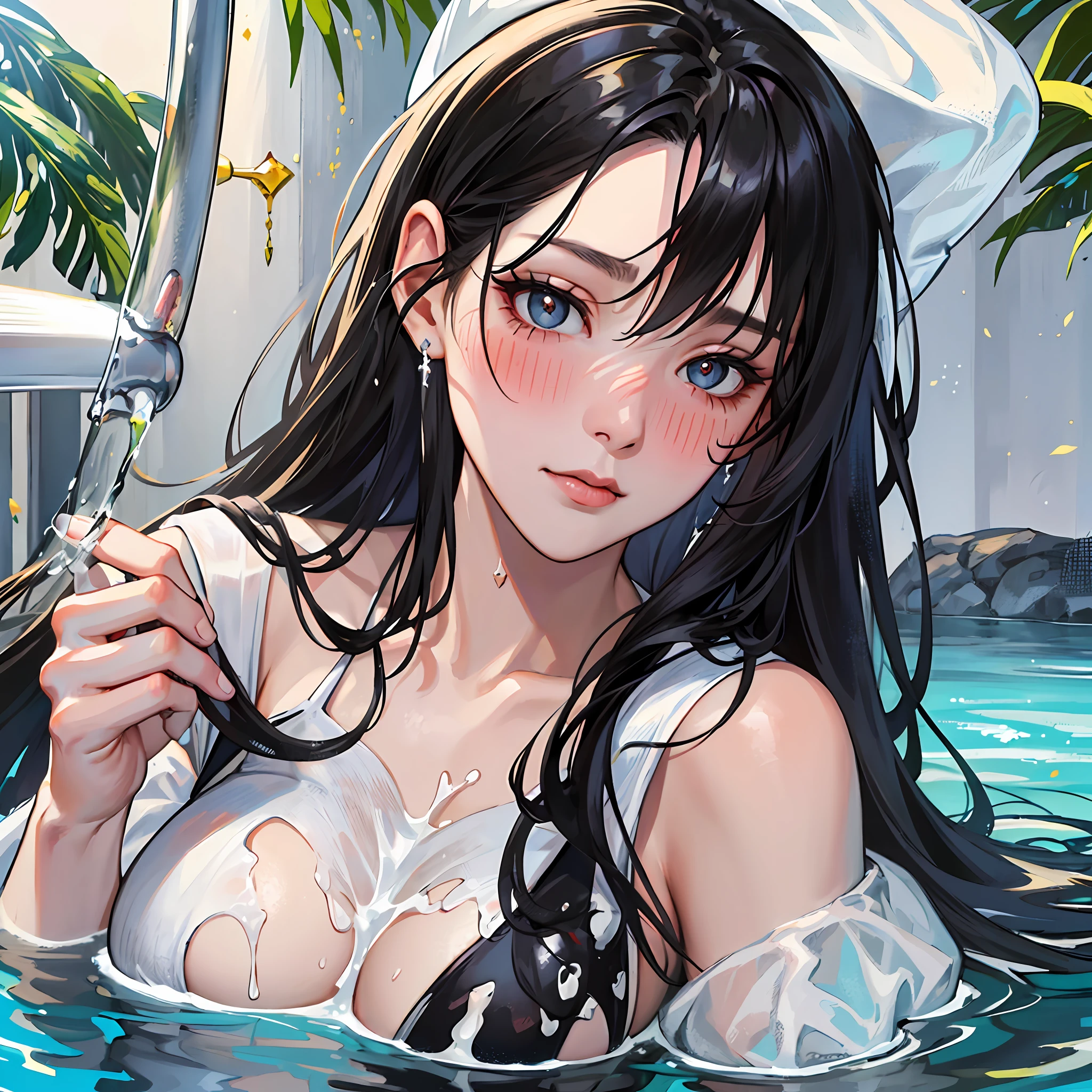 Long black hair, royal sister, different pupils, positive face, blushing, breath, clothes wet with water, obviously pure white turbid liquid on the face and mouth, slightly cool looking, white liquid all over the face, bangs, black half-leg stockings, swimsuit soles of the feet --auto --s2
