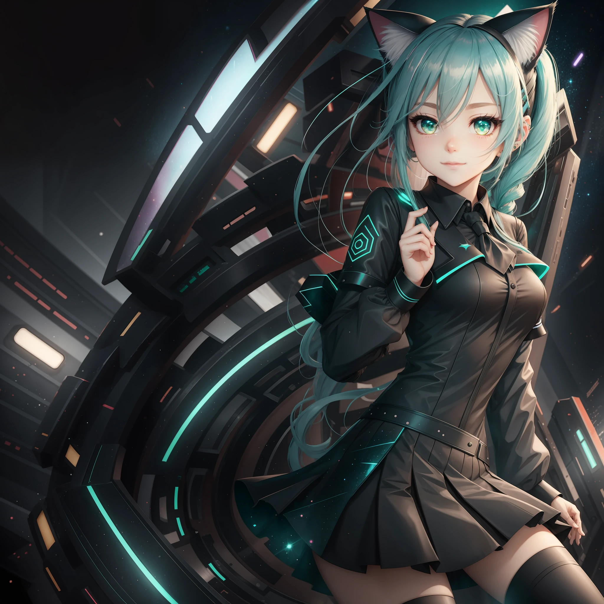 female hands, hidden ears, young girl, cat ears, cat tail, furry, [[[[[closeup]]]], [[[[chest]]], [[[[neck]]]], [[[shoulders]]], [[[full head ]]], perfect eyes, perfect iris, perfect lips, perfect teeth, perfect skin, soft front light, brightness, HDR (soft colors: 1.2), short skirt, light blue hair, bangs, twintails, long hair, green eyes, surprise, black skirt, dark gray blouse, green tie, hatsune miku,  dilated pupils, latex boots, cinematic lighting, starry background, outer space, smile, closed mouth, green details on clothing, artwork, best quality, numerical tattoo on arm in red color --auto --s2
