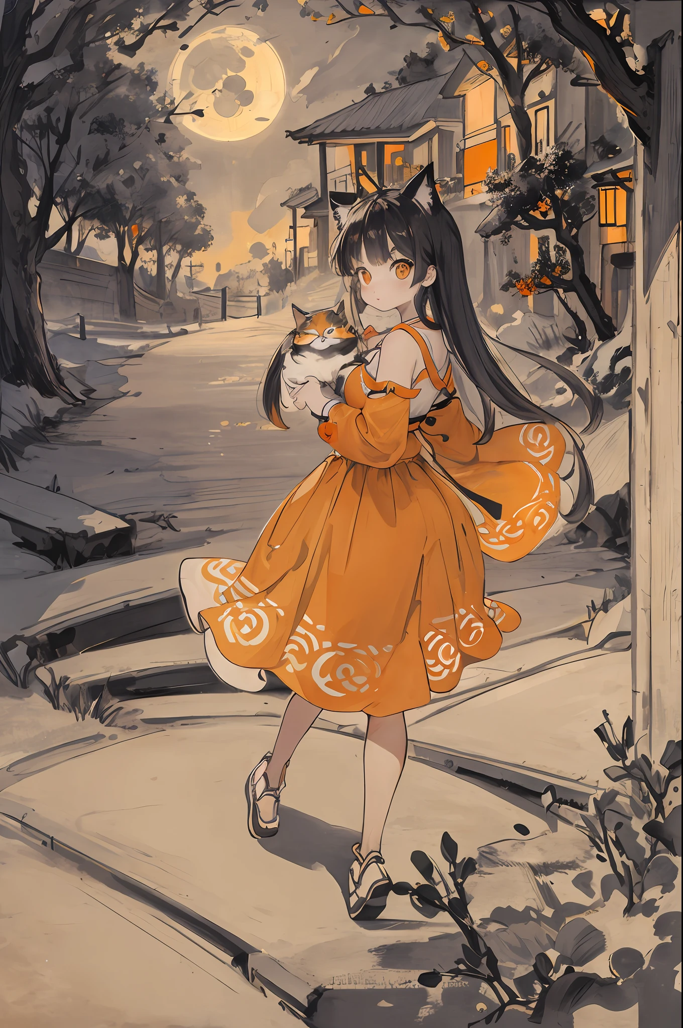 cat,orange,cute,big eyes,masterpiece,full moon,alley