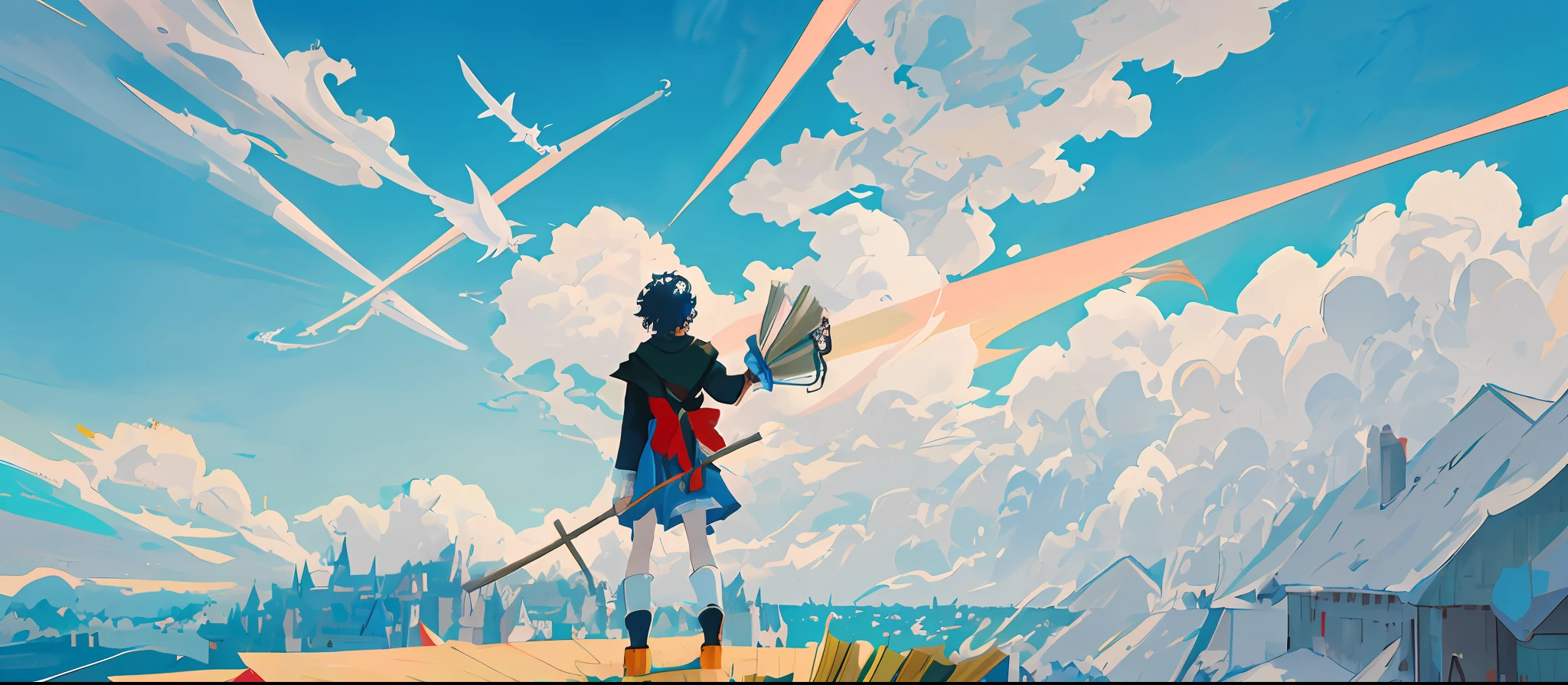 anime scene of a man flying in the sky with a broom, inspired by William Mustart Lockhart, by Kamisaka Sekka, inspired by Jean Tabaud, inspired by Kawabata Ryūshi, inspired by Osamu Tezuka, artwork in the style of guweiz, shigenori soejima illustration, official fanart, from cryptid academia