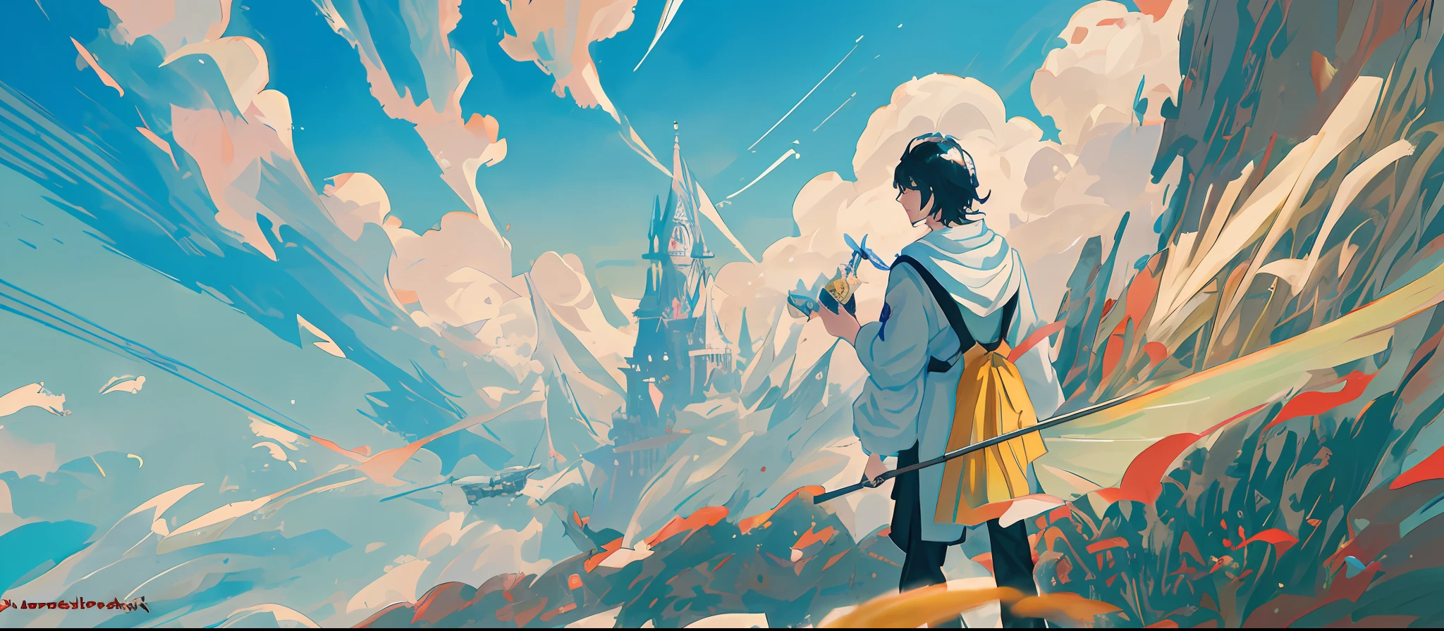 anime scene of a man flying in the sky with a broom, inspired by William Mustart Lockhart, by Kamisaka Sekka, inspired by Jean Tabaud, inspired by Kawabata Ryūshi, inspired by Osamu Tezuka, artwork in the style of guweiz, shigenori soejima illustration, official fanart, from cryptid academia