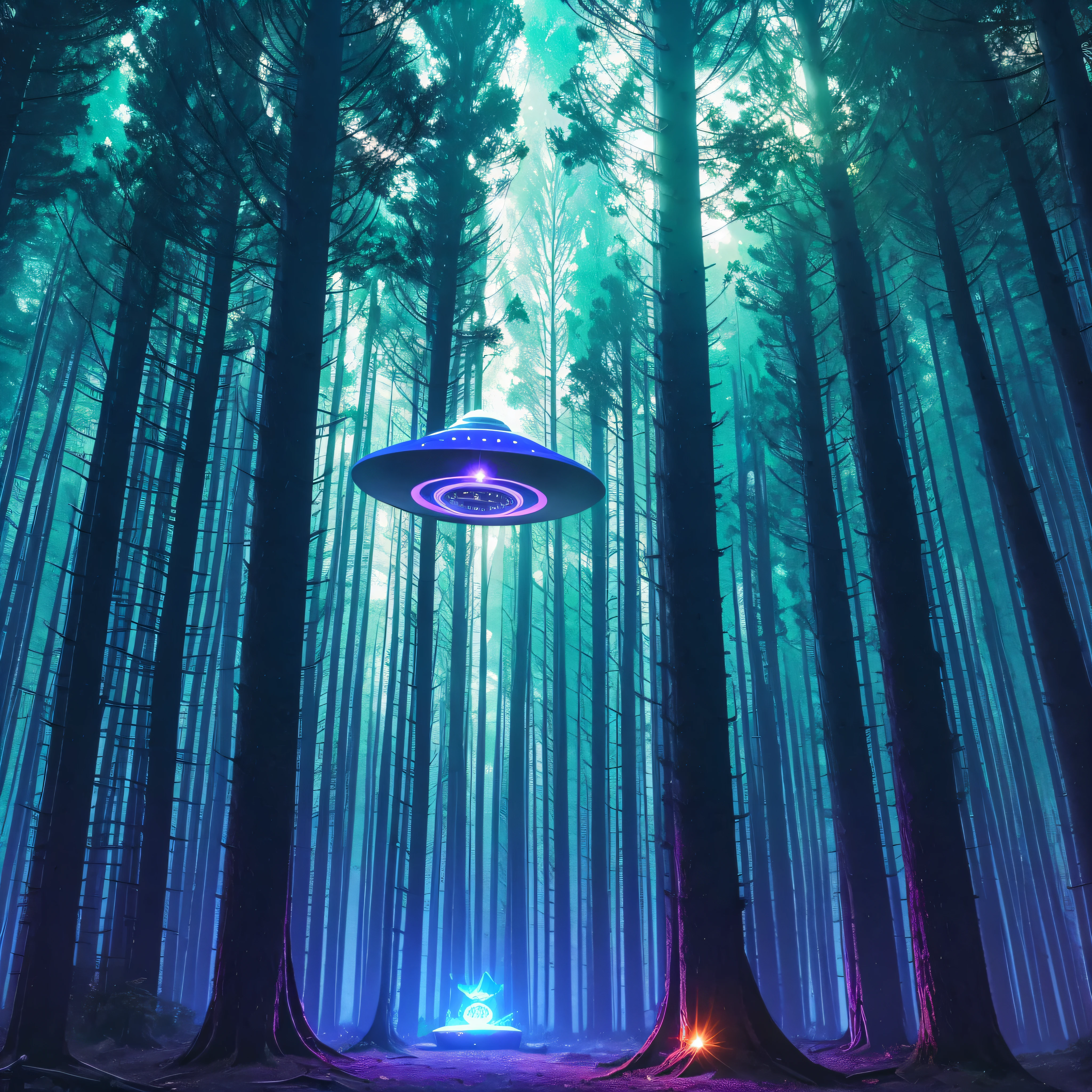 Spark your imagination with a mysterious and fascinating scene. Visualize a UFO perched in the middle of a dense forest. This UFO is vibrant and colorful, with bright lights that illuminate the darkness. Let your creativity flow as you portray this extraterrestrial scene, capturing the enigmatic atmosphere and sense of wonder that this encounter brings. What stories and secrets await in this encounter between the unknown and the familiar? --auto --s2