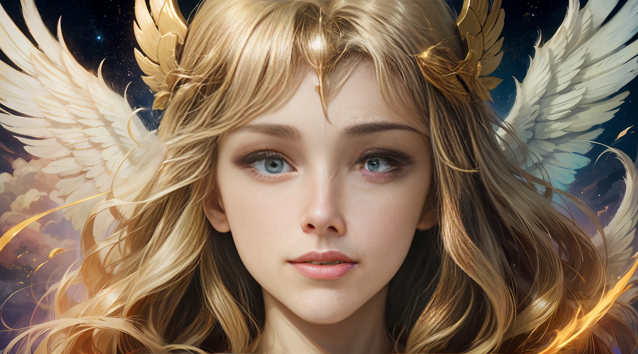 1. Create an image of the celestial realm, with the realistic human male face where celestial beings with glowing wings fly amid golden clouds. --auto --s2