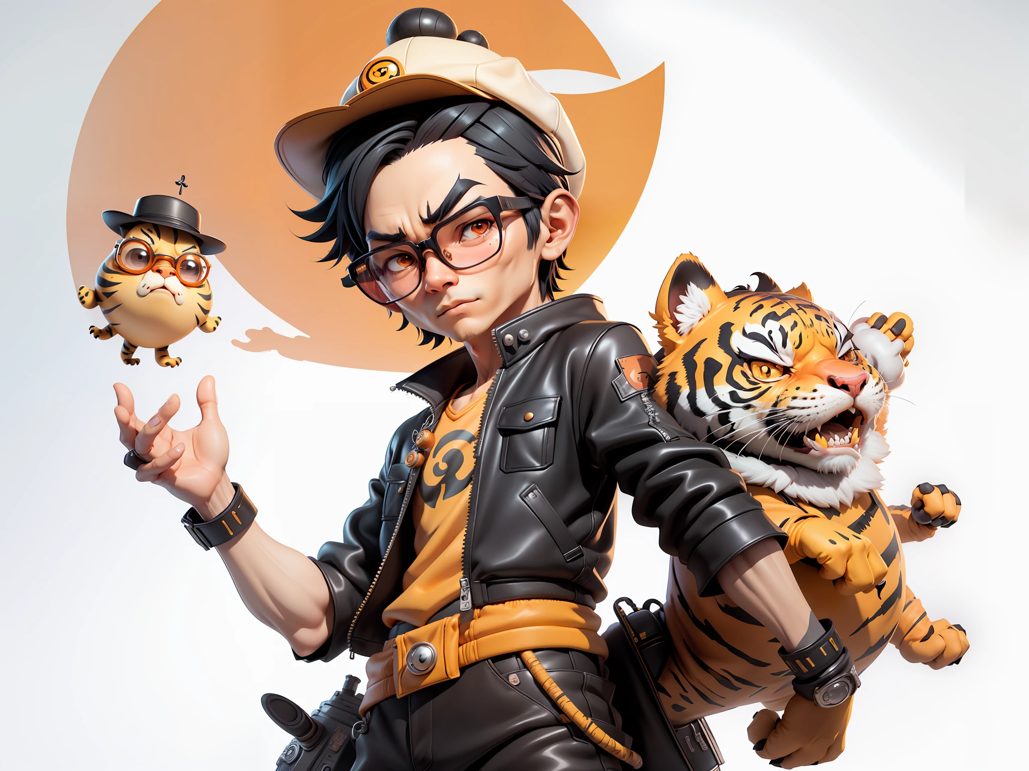 Young man with oriental face wearing leather hat wearing tiger shirt Tang costume, short black hair, silver glasses, digital painting, 3D character design by Mark Clairedon and Pixar and Hayao Miyazaki and Akira Toriyama, the illustration is a high-definition illustration in 4K resolution with very detailed facial features and cartoon-style visuals.