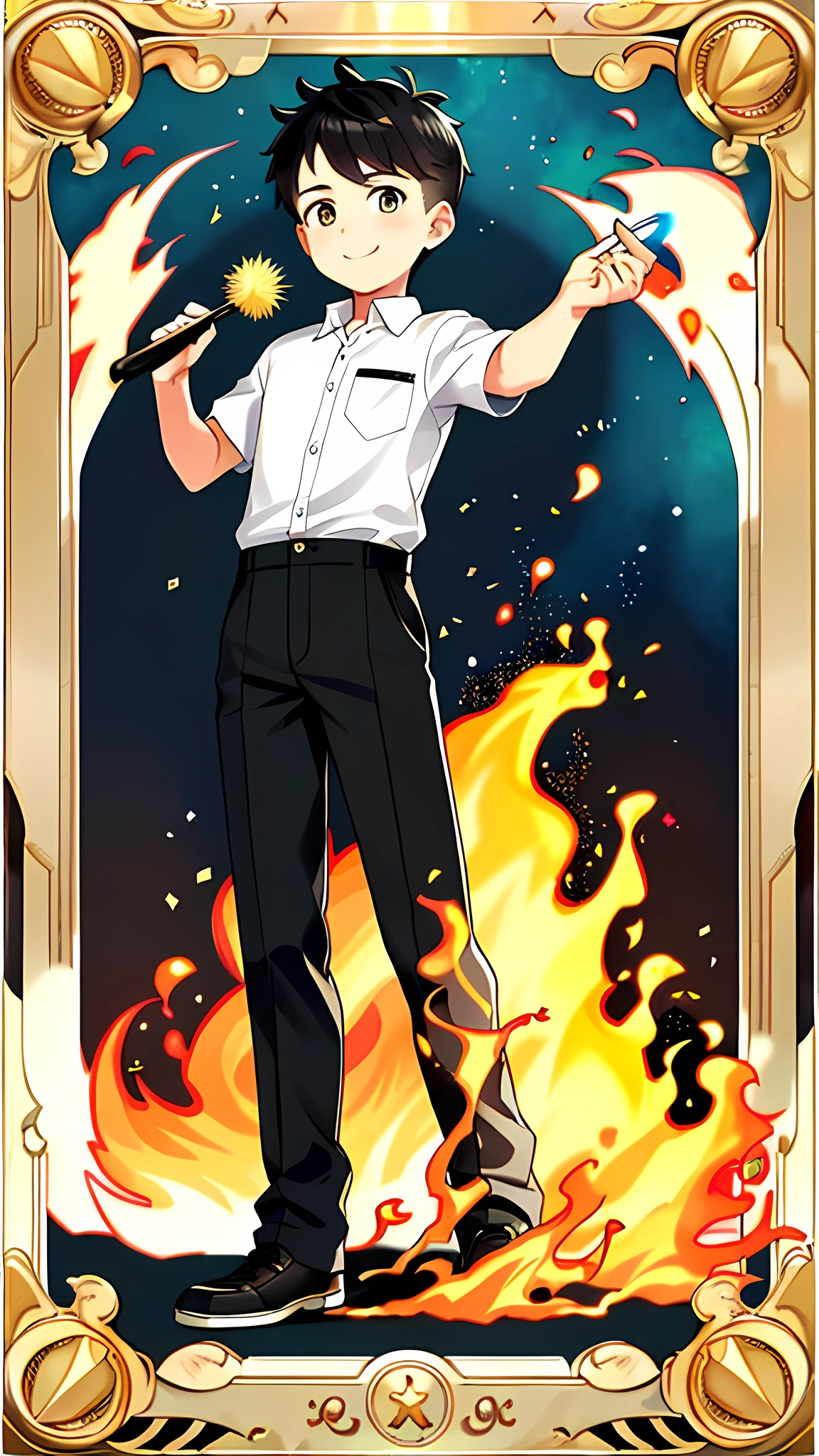 masterpiece, best quality, full body, card, 1 boy, happy, kind, freedom, short hair, black hair, brush cut, undercut, white shirt, standing, fire, magic, yellow, boy, child, lava,