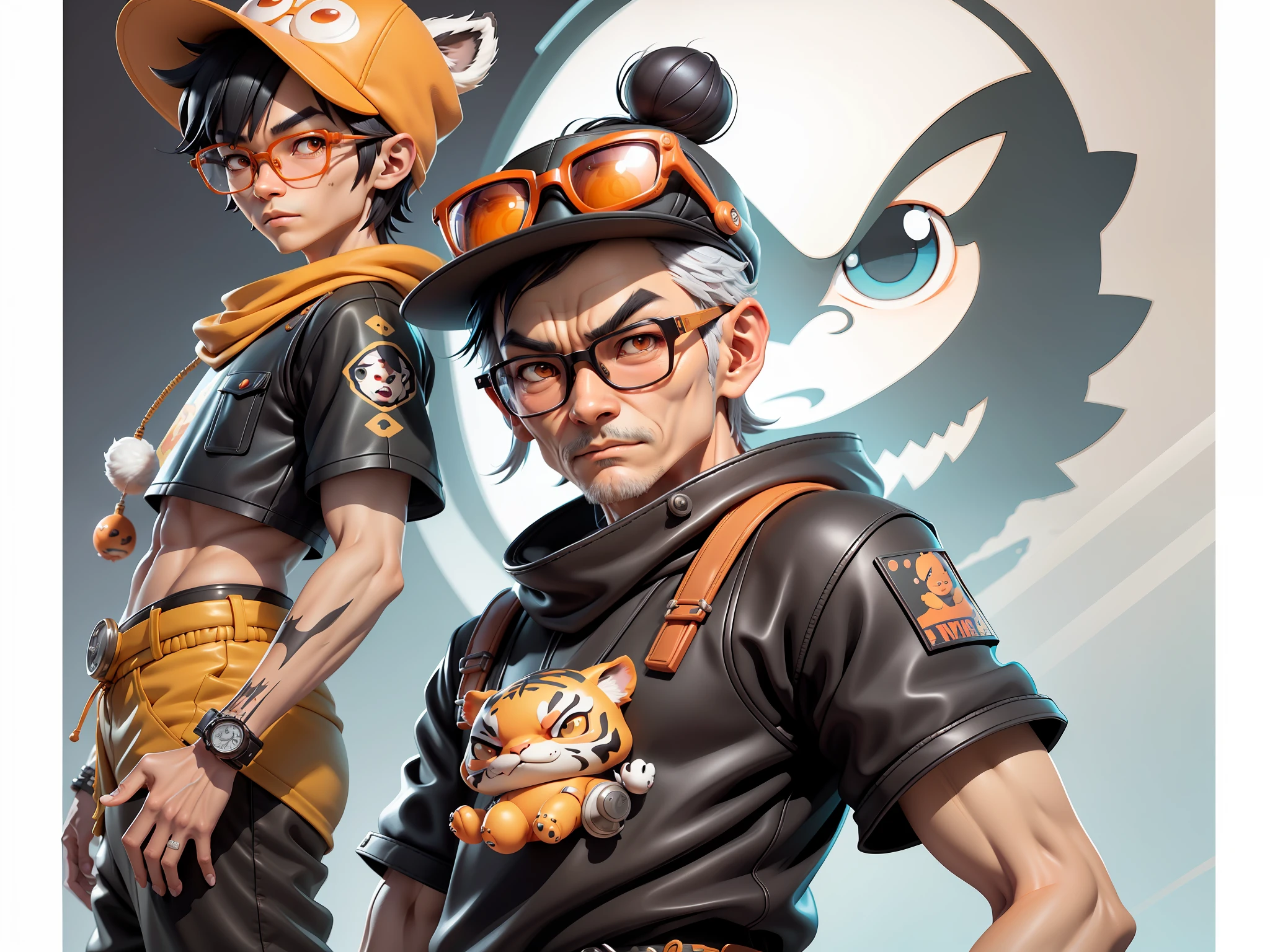 Young man with oriental face wearing leather hat wearing tiger shirt Tang costume, short black hair, silver glasses, digital painting, 3D character design by Mark Clairedon and Pixar and Hayao Miyazaki and Akira Toriyama, the illustration is a high-definition illustration in 4K resolution with very detailed facial features and cartoon-style visuals.