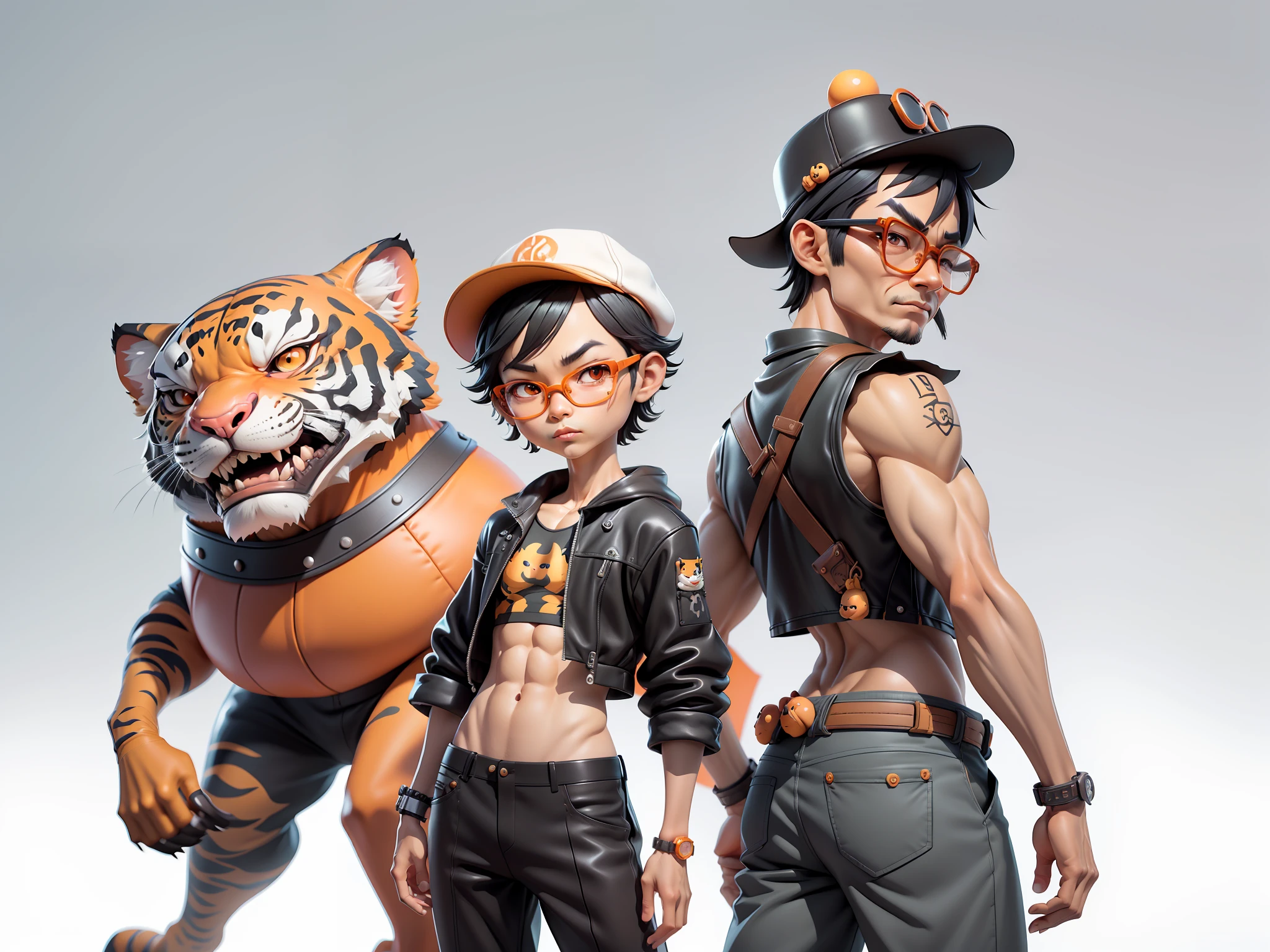 Young man with oriental face wearing leather hat wearing tiger shirt Tang costume, short black hair, silver glasses, digital painting, 3D character design by Mark Clairedon and Pixar and Hayao Miyazaki and Akira Toriyama, the illustration is a high-definition illustration in 4K resolution with very detailed facial features and cartoon-style visuals.