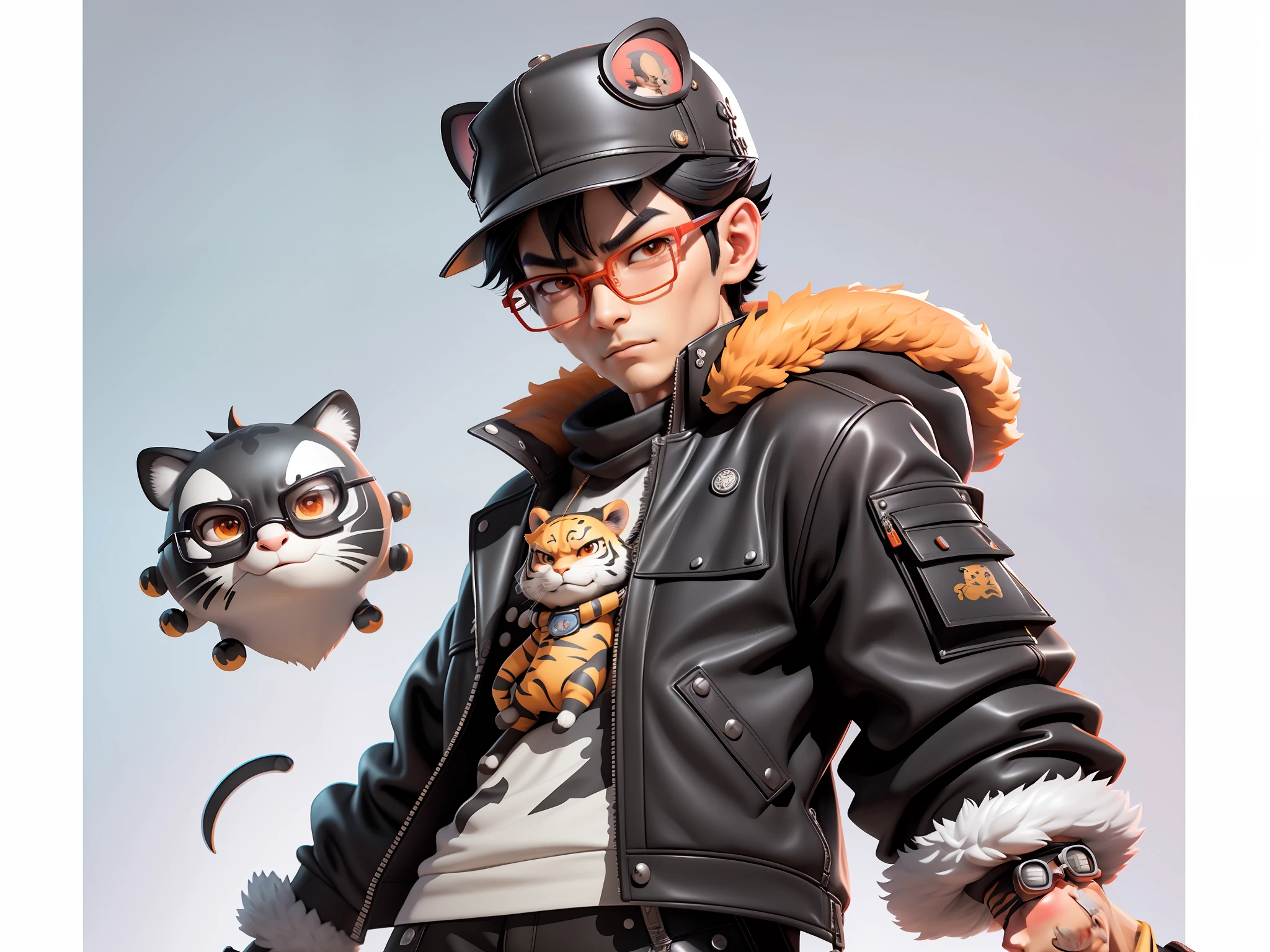Oriental face young man wearing leather hat wearing tiger shirt suit, short black hair, silver glasses, digital painting, 3D character design by Mark Clairedon and Pixar and Hayao Miyazaki and Akira Toriyama, the illustration is a high-definition illustration in 4K resolution with very detailed facial features and cartoon-style visuals.