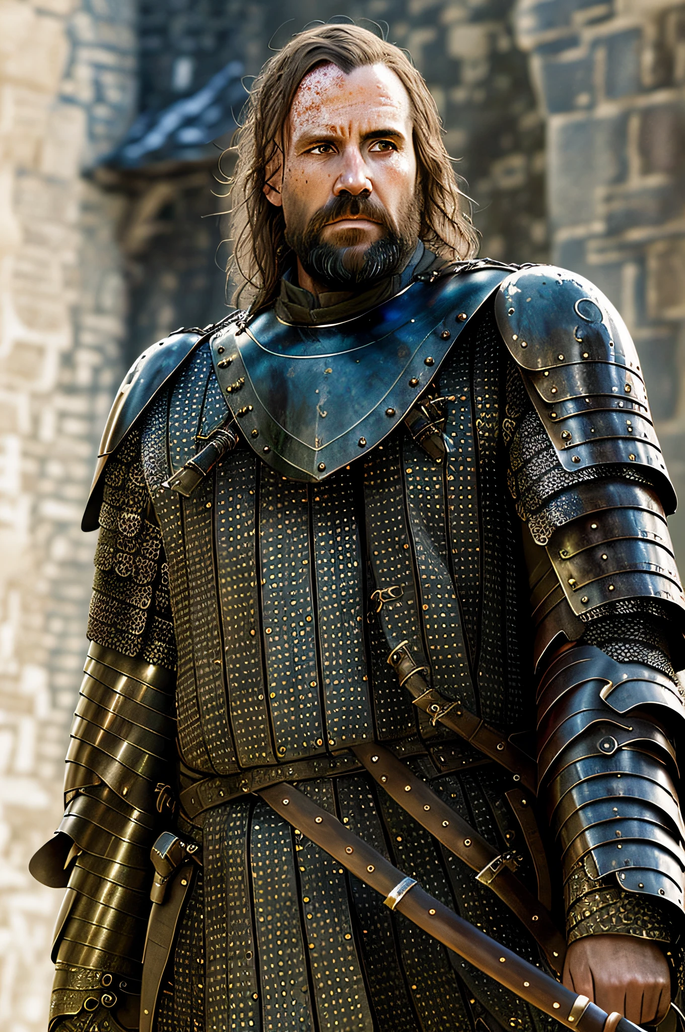portrait photo of houndxx a medieval warrior in armor, in a royal palace in game of thrones, modelshoot style, (extremely detailed CG unity 8k wallpaper), photo of the most beautiful artwork in the world, professional photorealistic picture, NIKON, RAW, trending on ArtStation, trending on CGSociety, Intricate, High Detail, Sharp focus, dramatic, photorealistic painting art by midjourney and greg rutkowski