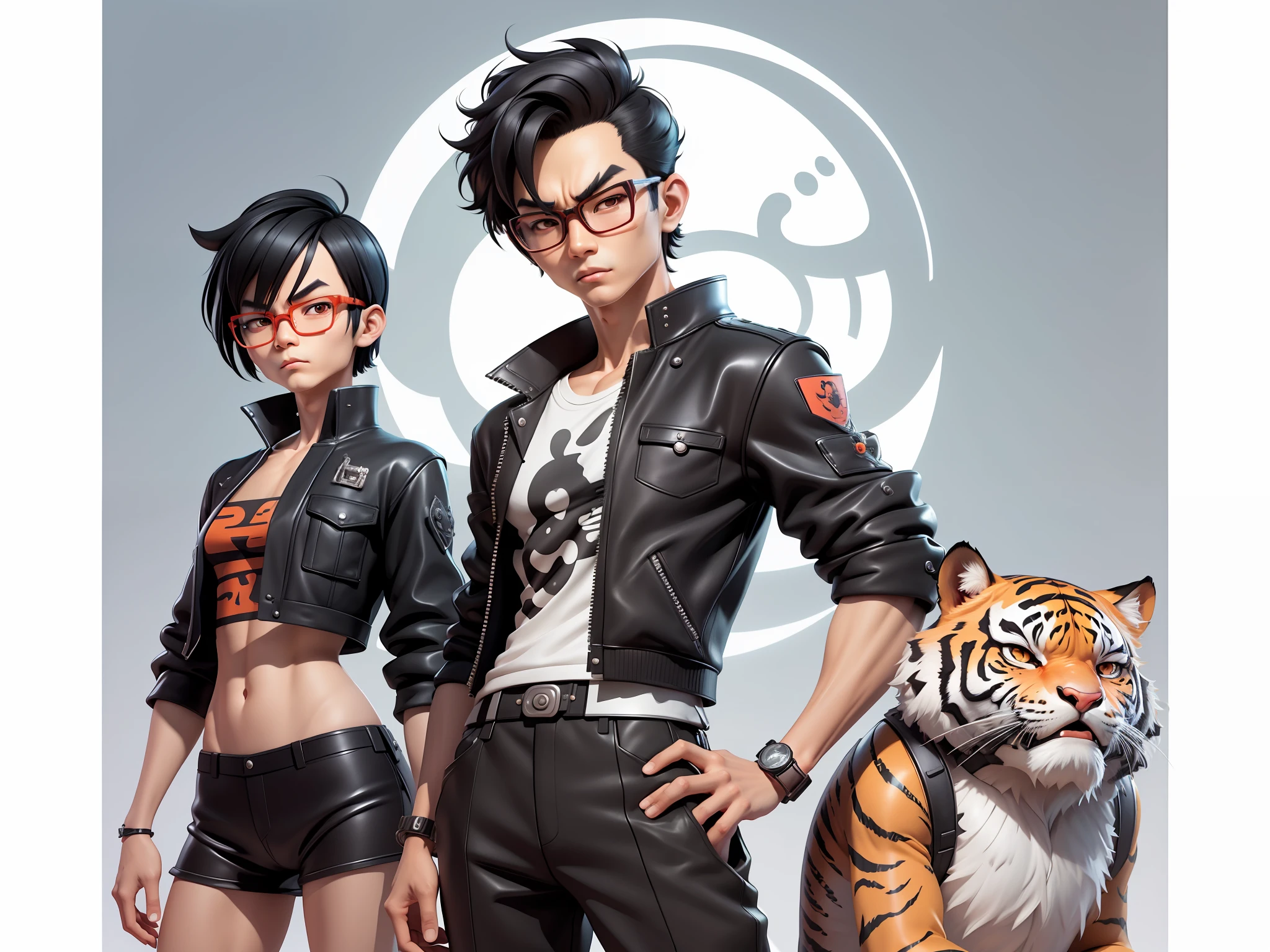 Oriental face young man wearing leather hat wearing tiger shirt suit, short black hair, silver glasses, digital painting, 3D character design by Mark Clairedon and Pixar and Hayao Miyazaki and Akira Toriyama, the illustration is a high-definition illustration in 4K resolution with very detailed facial features and cartoon-style visuals.