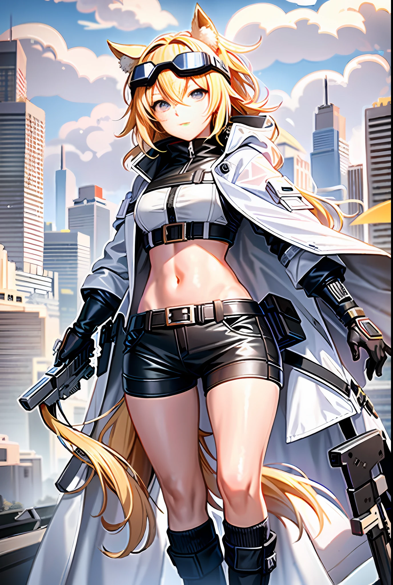 Noisy night city background, single full body standing painting, white translucent hooded trench coat, crop navel, hot pants, long socks, windproof goggles, bright blonde eyes, blonde hair, gun master, horse ears, heroic royal sister, kind and friendly big sister next door, reliable mature woman, ark of tomorrow, best quality, high resolution, best quality, high quality, detailed key anime art, best anime
