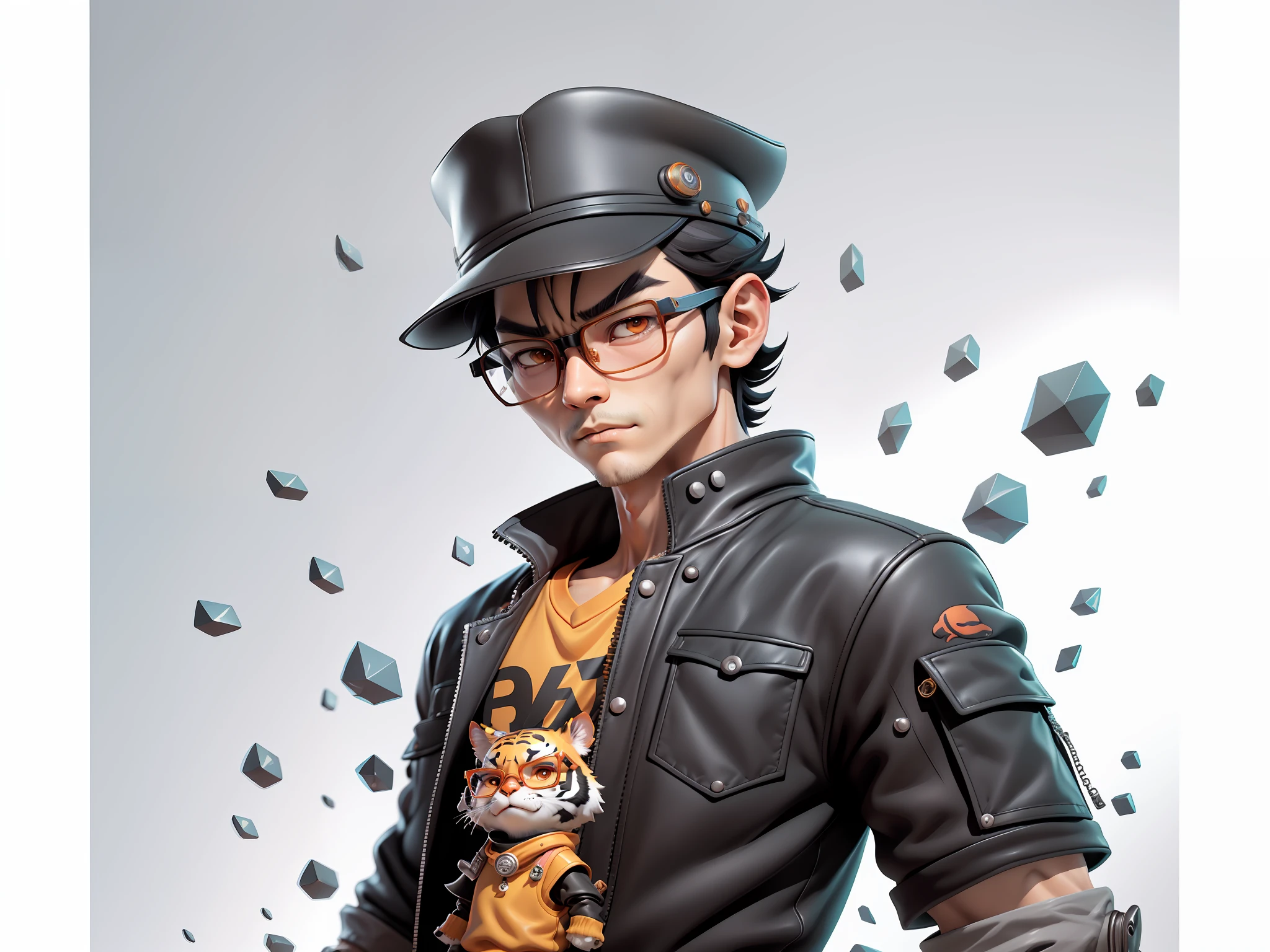 Oriental face young man wearing leather hat wearing tiger shirt suit, short black hair, silver glasses, digital painting, 3D character design by Mark Clairedon and Pixar and Hayao Miyazaki and Akira Toriyama, the illustration is a high-definition illustration in 4K resolution with very detailed facial features and cartoon-style visuals.