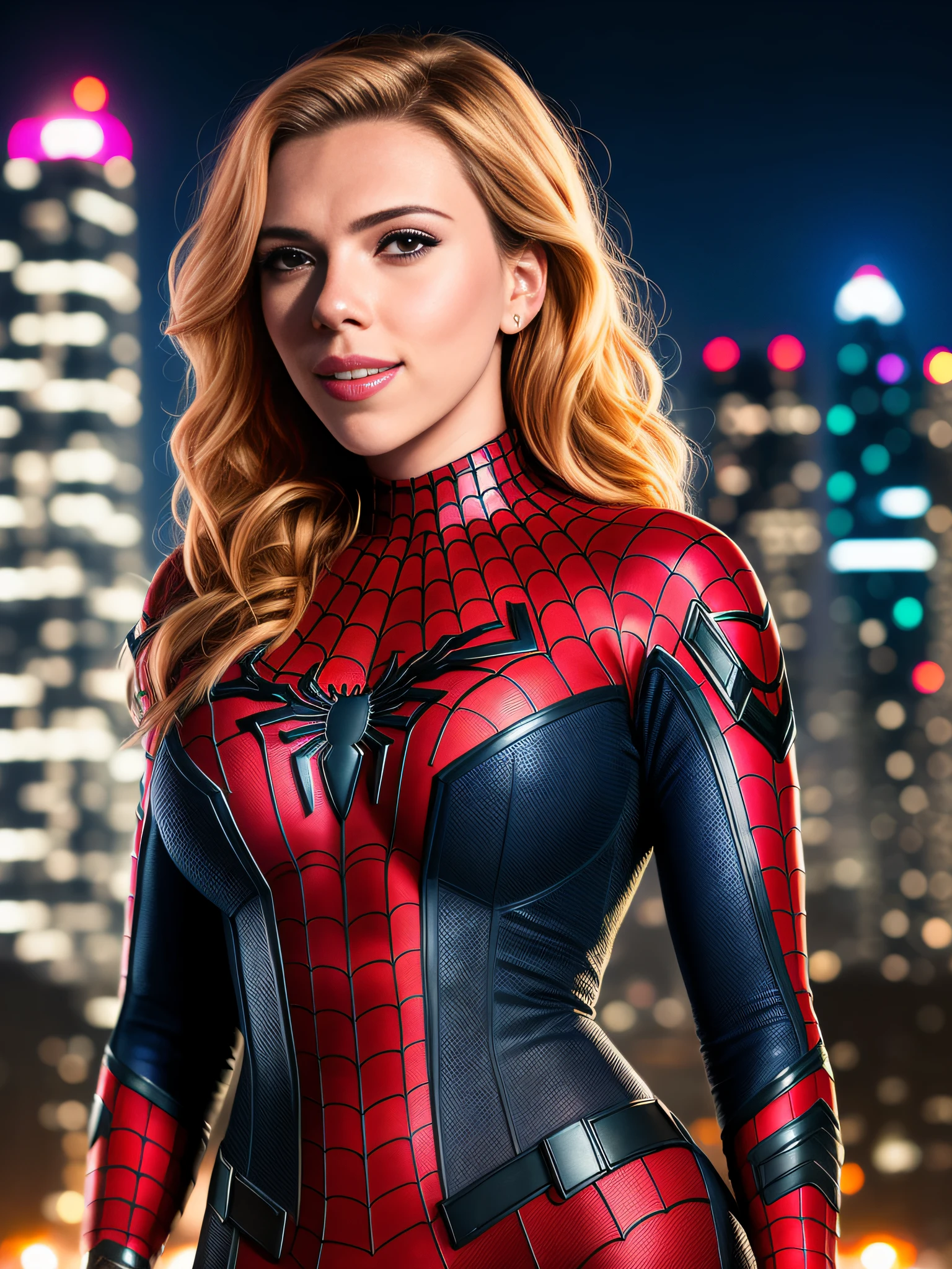 a close up portrait photo of beautiful Scarlett Johansson in spider-man costume, cheeky smile, (jewelry:1.0), high detailed skin, curvy, night cyberpunk city on the background, night time 8k uhd, dslr, high quality, Fujifilm XT3