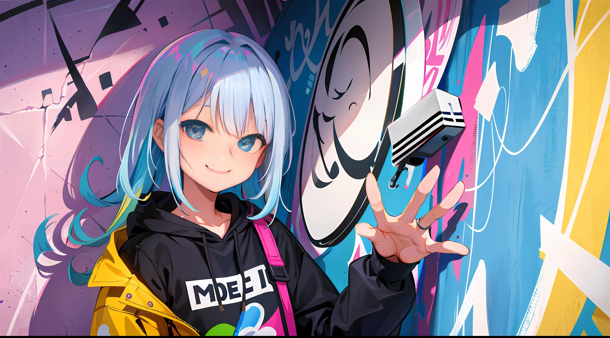 masterpiece, high quality, highres, absurd, ultra-detailed, 8k, 1woman of about 25 years, platinum gray hair, blue hair, multicolored hair, gradient hair, looking at the viewer, pointing at the viewer, one hand covering the eye, colored eyes, colorful sweatshirt, (wall background graffiti murals: 1.15), bright colored paintings, flower, portrait, cross ornament, smiling sadisticly, Waist bag, against the wall, bangs, shadow, reflection, hyper detailed hands