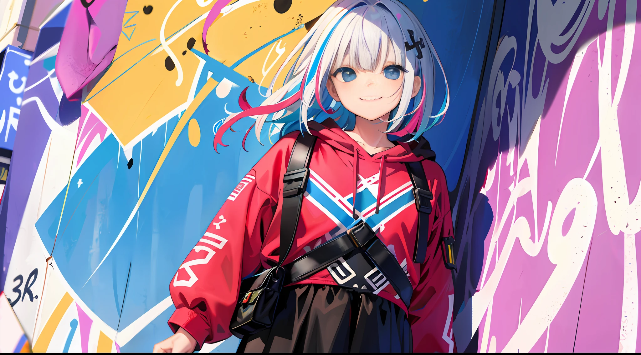 masterpiece, high quality, highres, absurd, ultra-detailed, 8k, 1woman of about 25 years, platinum gray hair, blue hair, multicolored hair, gradient hair, looking at the viewer, pointing at the viewer, one hand covering the eye, colored eyes, colorful sweatshirt, (wall background graffiti murals: 1.15), bright colored paintings, flower, portrait, cross ornament, smiling sadisticly, Waist bag, against the wall, bangs, shadow, reflection, hyper detailed hands