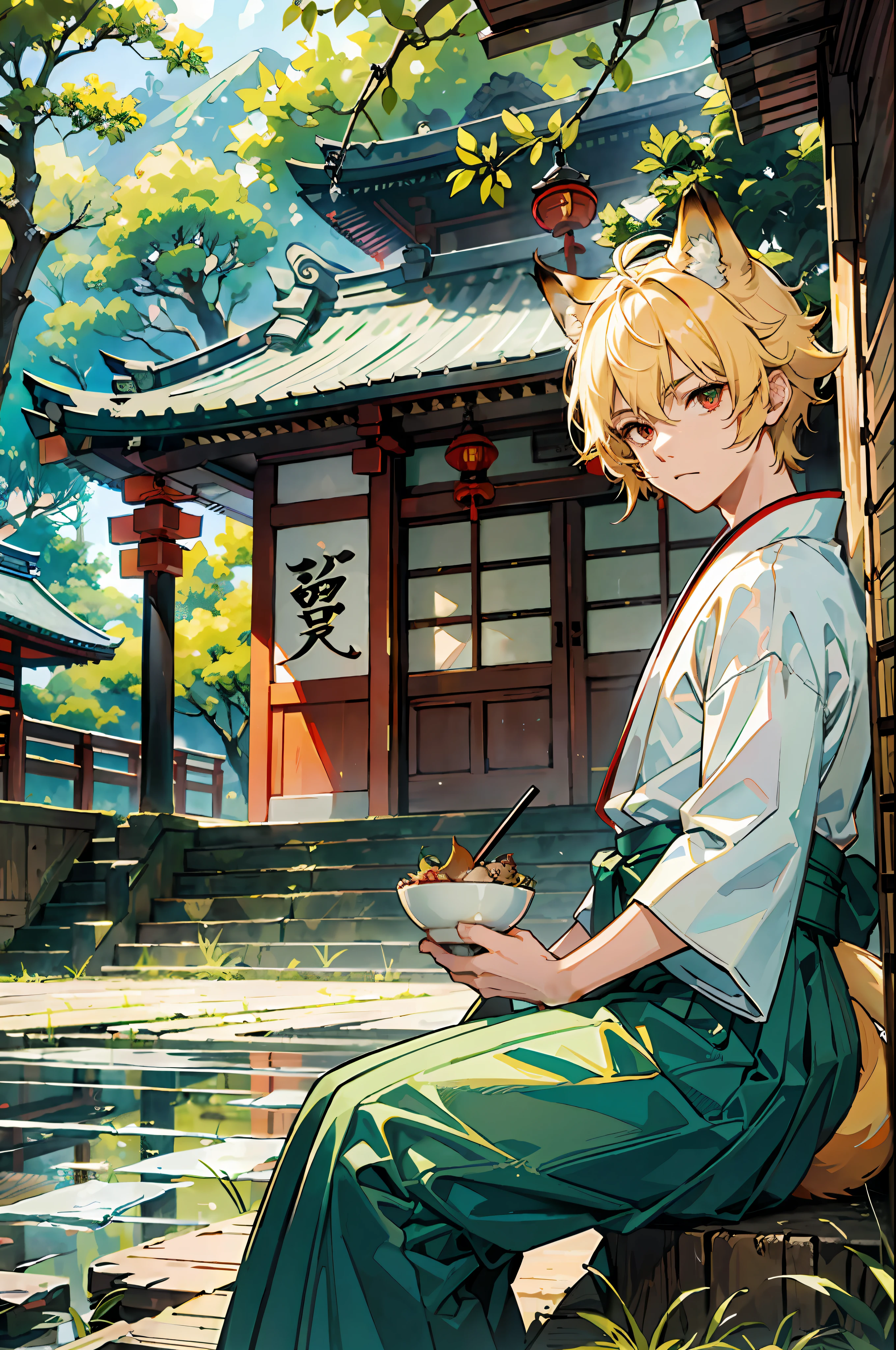 ((Masterpiece: 1.4, top quality)), two boys standing, (blond spiked hair and red eyes, fox ears and tail: 1.2), (green short hair and big eyes, tanuki ears and tail: 1.2), (Japan Shinto priest, white and light blue hakama: 1.3), sitting on the veranda and drinking alcohol, the background is a temple in Kyoto.