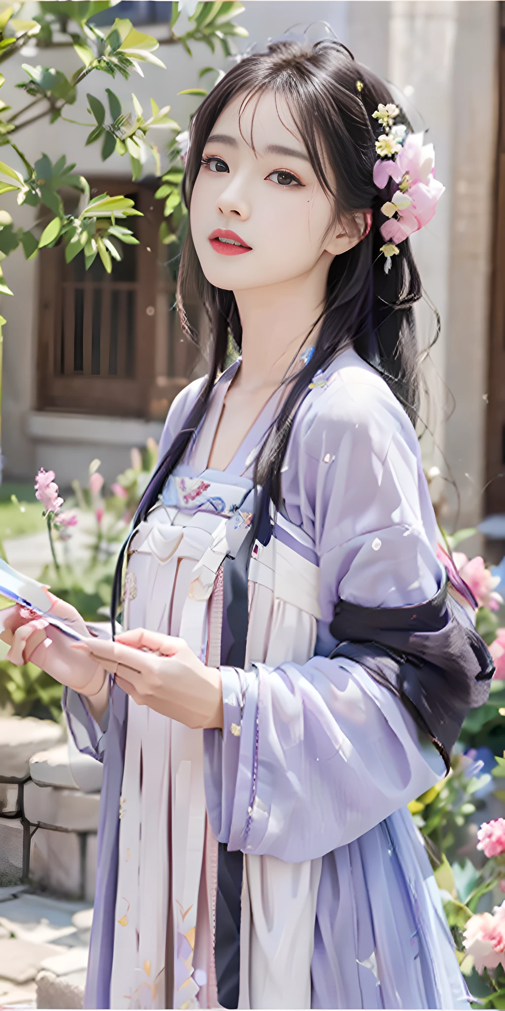 Masterpiece, black_hair, 1 girl, looking at the audience, long_hair, nail_polish, solo, ancient art, Chinese, (8k, best quality, masterpiece: 1.2), (realistic, realistic:1.2), (background sky: 1.2), (bust photo: 1.7), looking at the audience, hanfu, 1girl, (purple flower pine ink: 1.1), face close-up, detailed face, hanfu, tang system, chest-length skirt, pleated skirt，cinematic lighting, motion blur, ray tracing, god rays, bloom, drop shadow, close-up, lens flare, UHD, masterpiece, ccurate, anatomically correct, textured skin, super detail, high details, high quality, award winning, best quality, highres, 16k, HD, accurate, correct hand, (anatomically correct: 1.5),