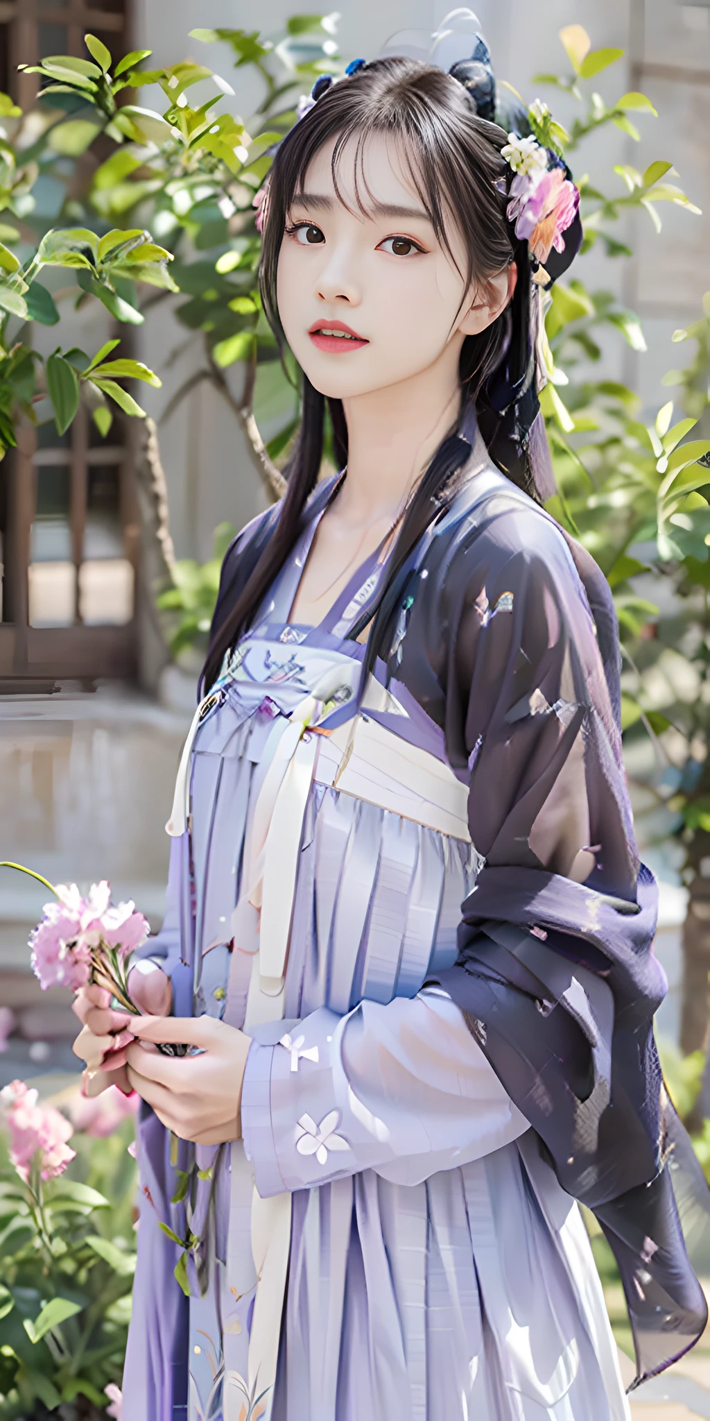 Masterpiece, black_hair, 1 girl, looking at the audience, long_hair, nail_polish, solo, ancient art, Chinese, (8k, best quality, masterpiece: 1.2), (realistic, realistic:1.2), (background sky: 1.2), (bust photo: 1.7), looking at the audience, hanfu, 1girl, (purple flower pine ink: 1.1), face close-up, detailed face, hanfu, tang system, chest-length skirt, pleated skirt,cinematic lighting, motion blur, ray tracing, god rays, bloom, drop shadow, close-up, lens flare, UHD, masterpiece, ccurate, anatomically correct, textured skin, super detail, high details, high quality, award winning, best quality, highres, 16k, HD, accurate, correct hand, (anatomically correct: 1.5),