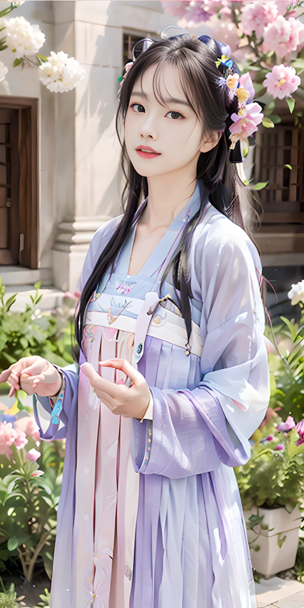 Masterpiece, black_hair, 1 girl, looking at the audience, long_hair, nail_polish, solo, ancient art, Chinese, (8k, best quality, masterpiece: 1.2), (realistic, realistic:1.2), (background sky: 1.2), (bust photo: 1.7), looking at the audience, hanfu, 1girl, (purple flower pine ink: 1.1), face close-up, detailed face, hanfu, tang system, chest-length skirt, pleated skirt,cinematic lighting, motion blur, ray tracing, god rays, bloom, drop shadow, close-up, lens flare, UHD, masterpiece, ccurate, anatomically correct, textured skin, super detail, high details, high quality, award winning, best quality, highres, 16k, HD, accurate, correct hand, (anatomically correct: 1.5),