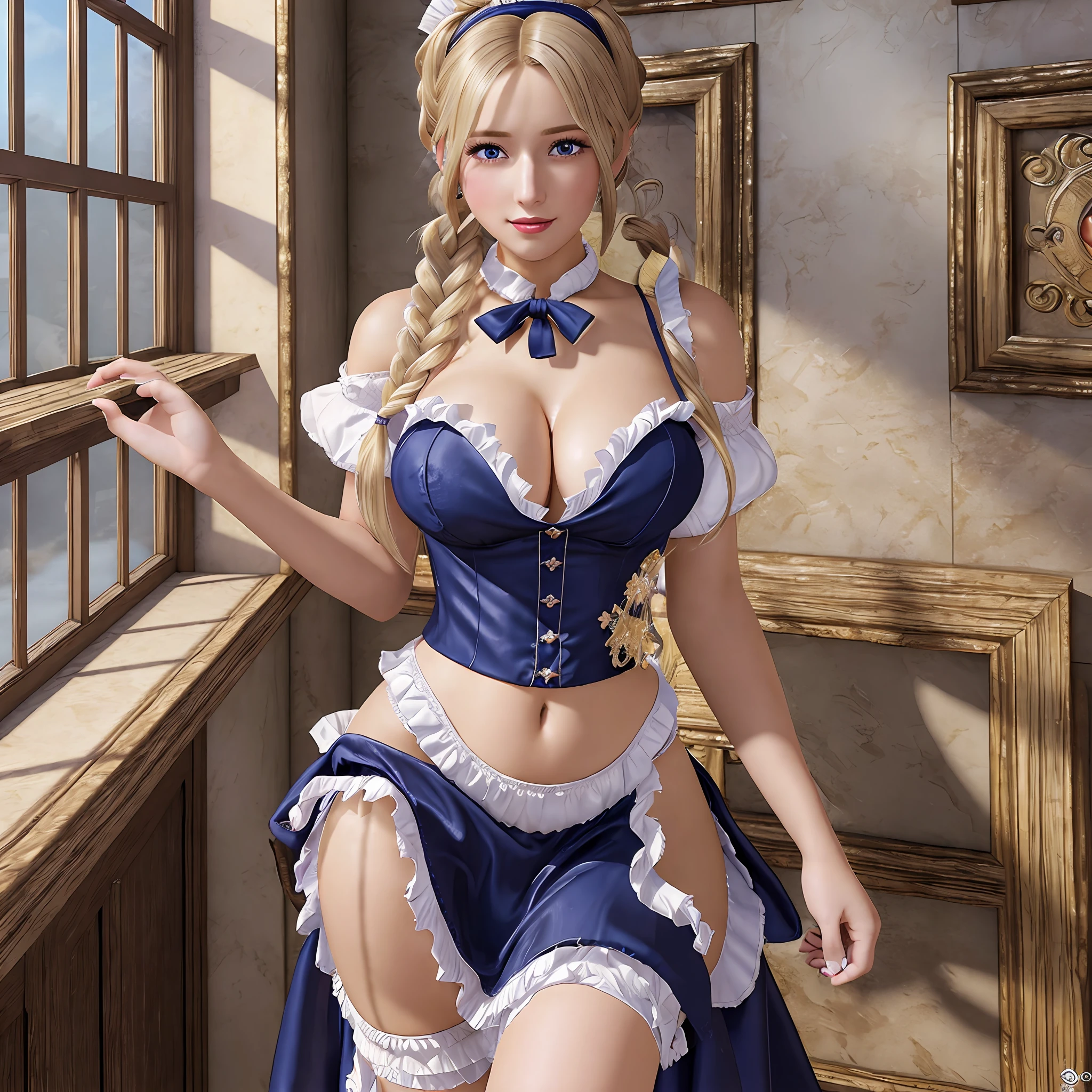 (((Masterpiece))), best quality, ultra-detailed CG unity 8k wallpaper featuring a charming maid with a sexy, blonde braids hairstyle, a seductive face, a svelte figure, captivating blue eyes and a revealing maid outfit that fits her like a glove.