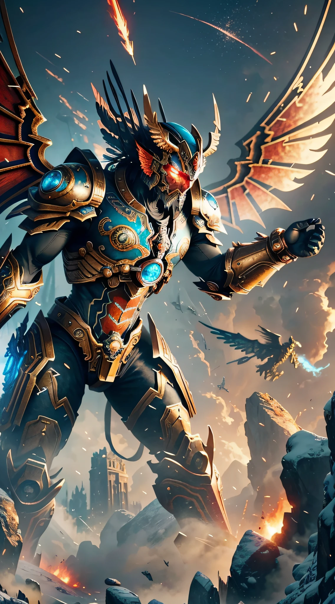 Steampunk style, cold colors, cinematic effects, futuristic sci-fi giant mecha God of War, mecha with dragon pattern on top, wings with metallic texture on the back, wings are feathers, strong layering, holding red giant tomahawk, tomahawk particle light, tomahawk particle special effects, aesthetic, scattered, battle posture, battle posture display, super details, face face exquisite details, clear contours, facial close-up, perfect details, 8K, top painting, feature article, studio environment, concept art, epic composition, With HD detail, metallic texture and tension composition, hyper-realistic, ultra-realistic, rich in detail, 3D. C4D,