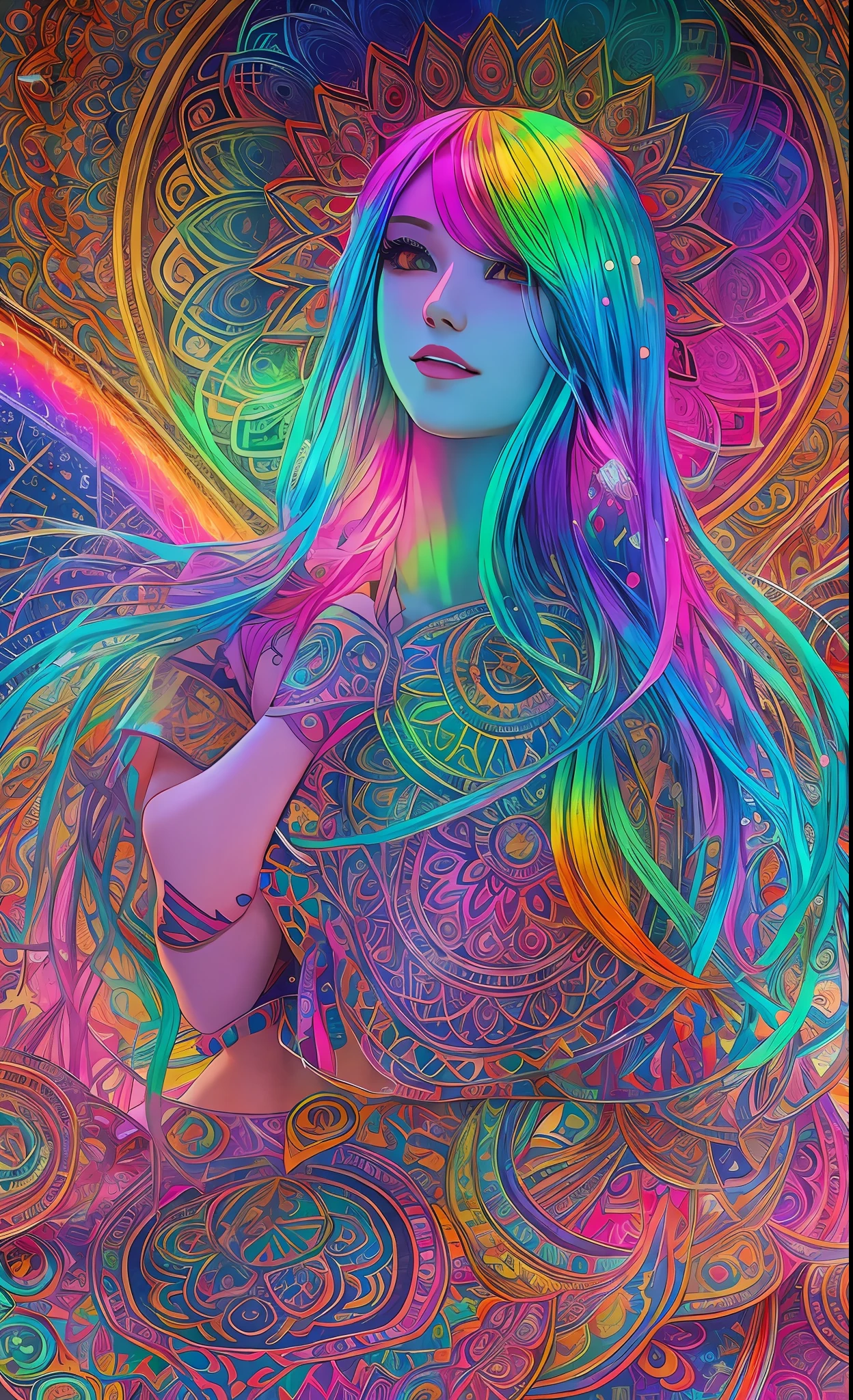 Masterpiece, Best Quality, Girls, Slender, Rainbow Color Eyes, Hair Color, Iridescent, Long Hair Spreading, White Skin, Medium, Pretty, Sexy, Halo, Near Future, Bikini, Skin Exposed, Night, Psychedelic, Trip, Extreme Color, Paisley, Highly Colored, Mandala Theme, Open Legs, Eye Shadow, False Lashes, Blushing, Mechanical Left Arm, Smile, Full Body